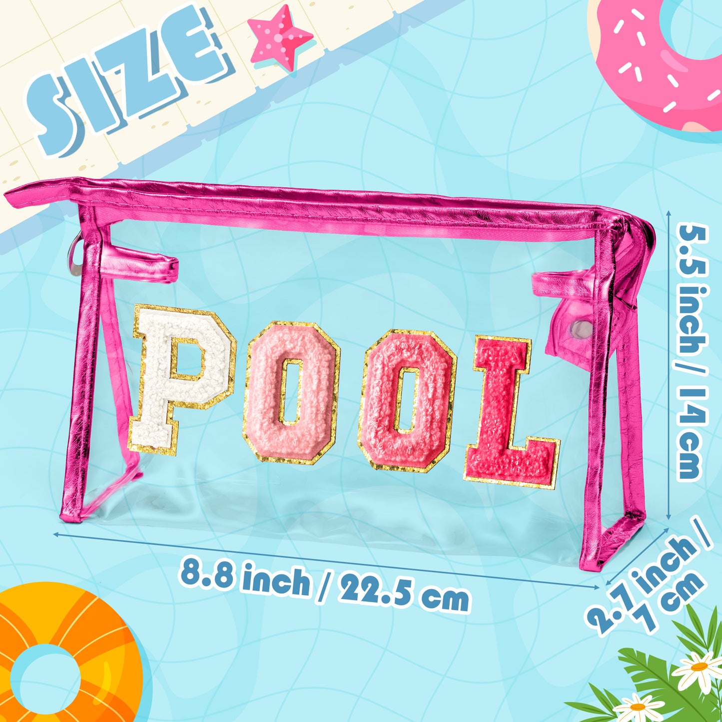 Y1tvei Clear POOL Makeup Bag - Preppy Rose Red POOL Chenille Varsity Letter Sunscreen Cosmetic Pouch PVC Transparent Zipper Waterproof Beach Summer Travel Toiletry Organizer for Swimmer Women(RoseRed)