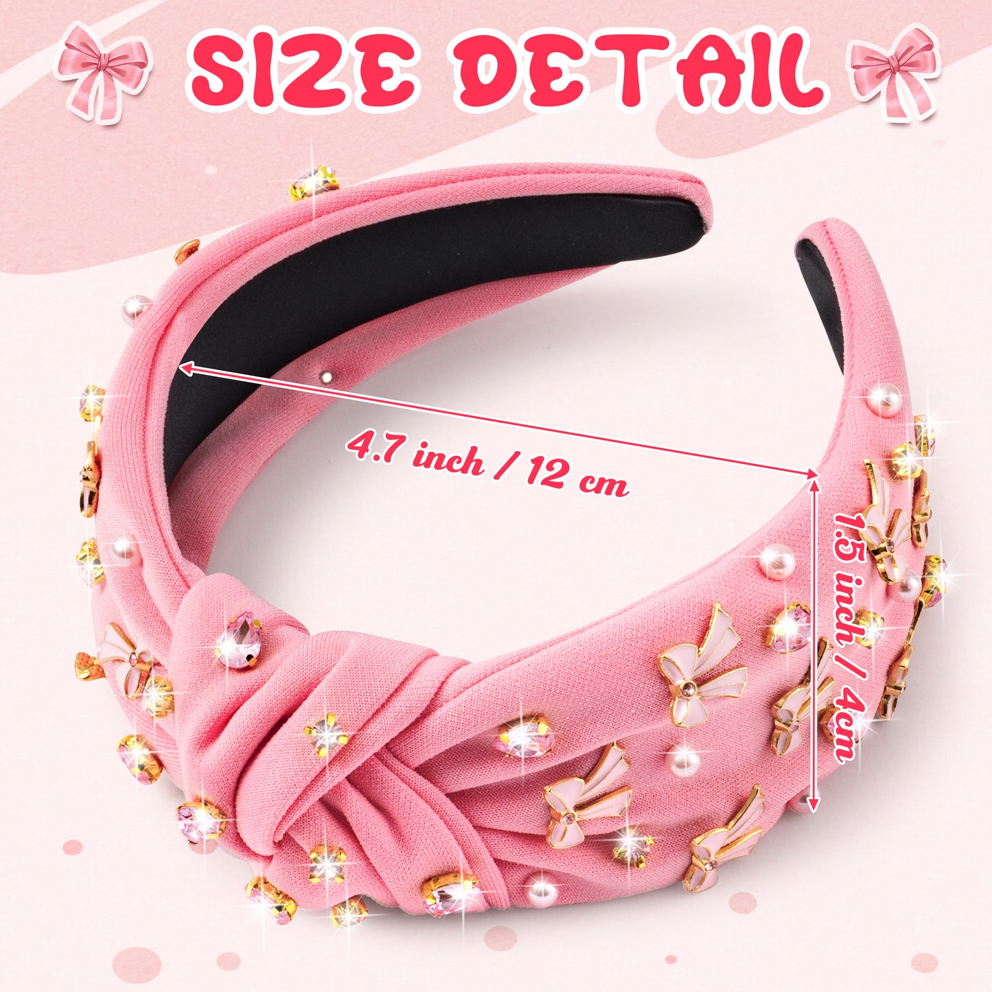 Y1tvei Pink Bow Knotted Headband - Coquette Pink Bow Crystal Rhinestone Pearl Embellished Headband Wide Top Knot Fashion Non Slip Trendy Headband Valentine's Day Hair Accessories Gift for Women Girls