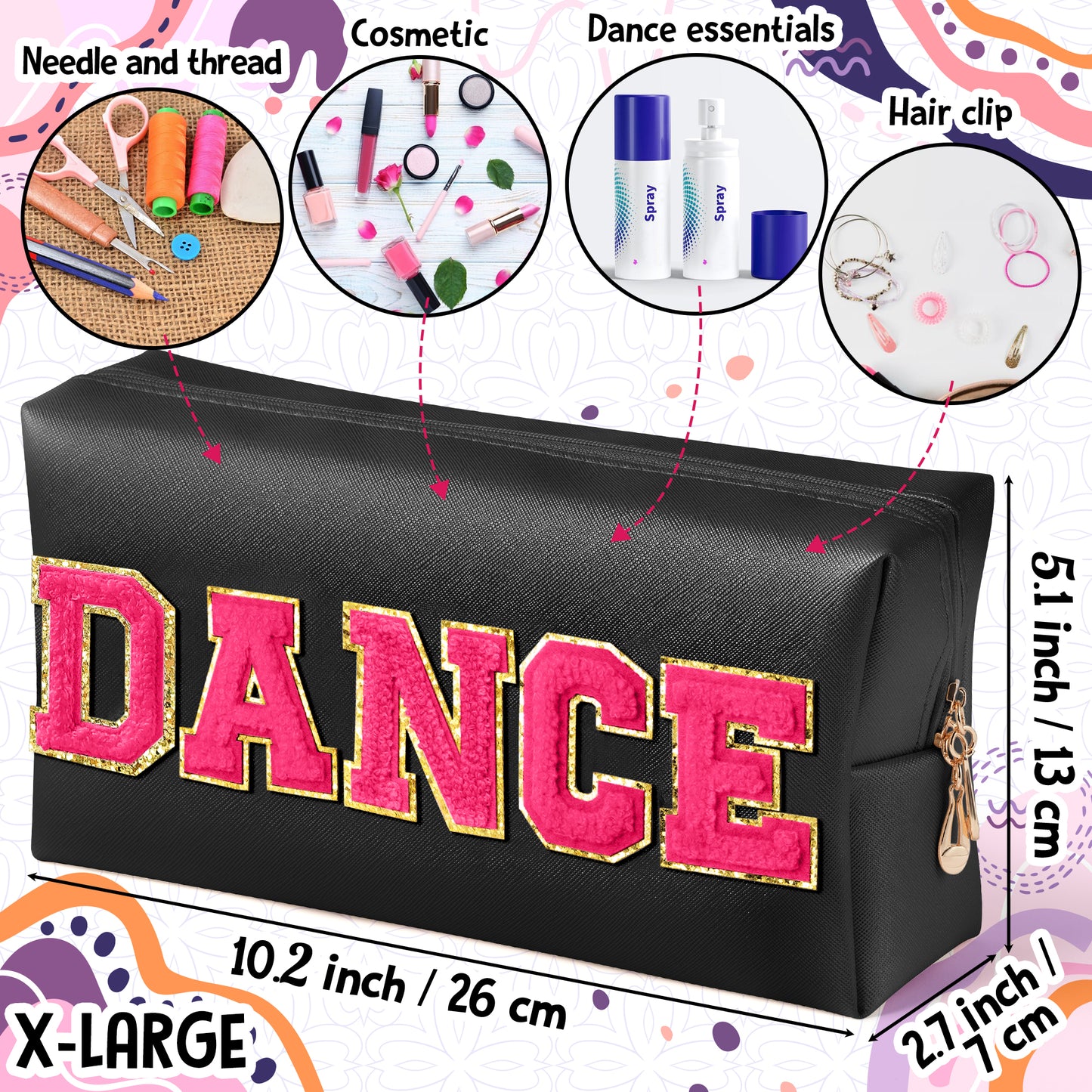 Y1tvei DANCE Large Cosmetic Bag - Preppy Patch DANCE Hot Pink Chenille Letter Makeup Bag PU Leather Waterproof Portable Dance Letter Toiletry Pouch Travel Organizer Dancer Gift for Women Girl (Black)