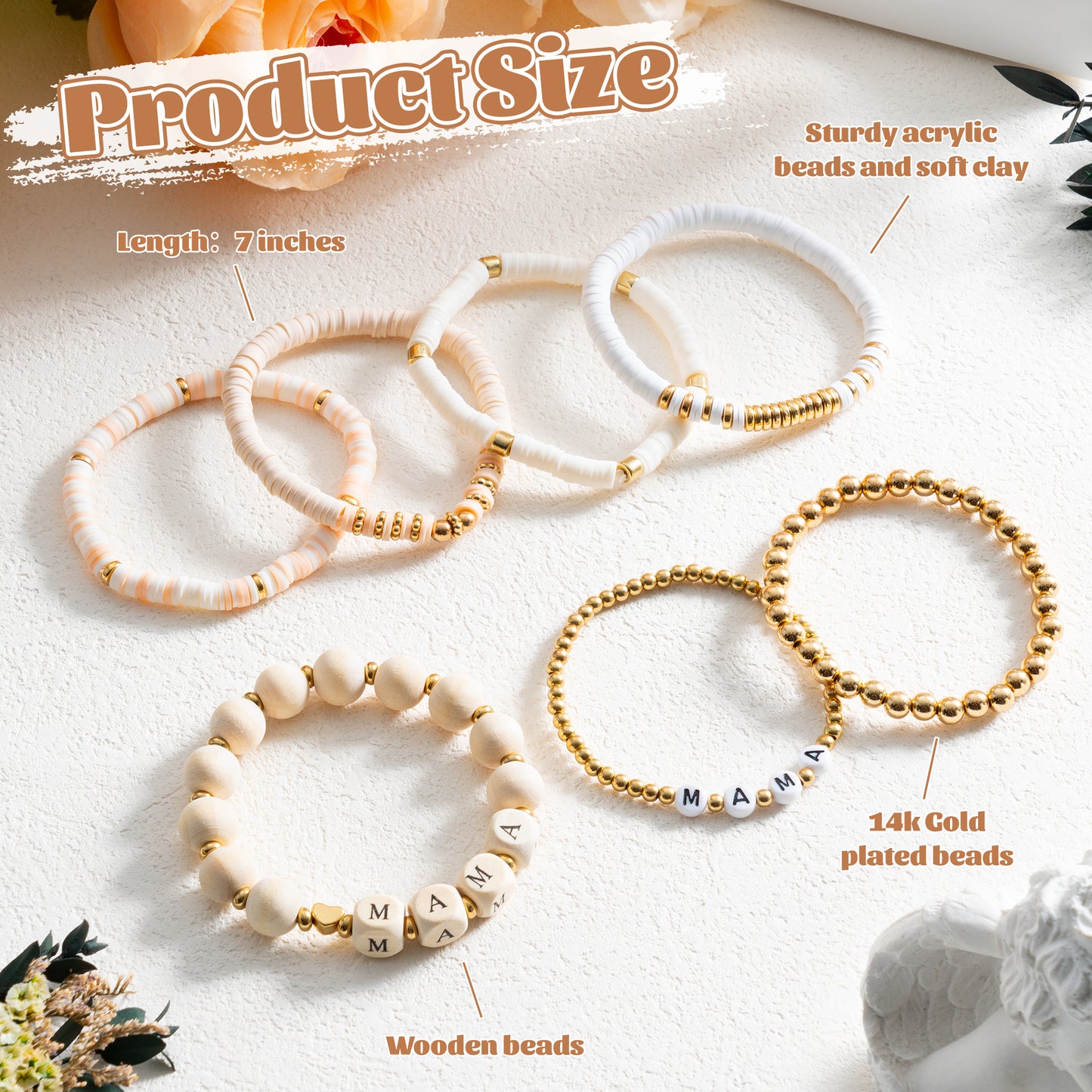 Y1tvei Mama Bracelets for Women - 7Pcs Beige Wooden Stackable Heishi Polymer Clay Beaded Stretch Surfer Bracelet Dainty Gold Plated Beads Elastic Layering Bracelet Mama to Be Mother's Day Gift for Mom