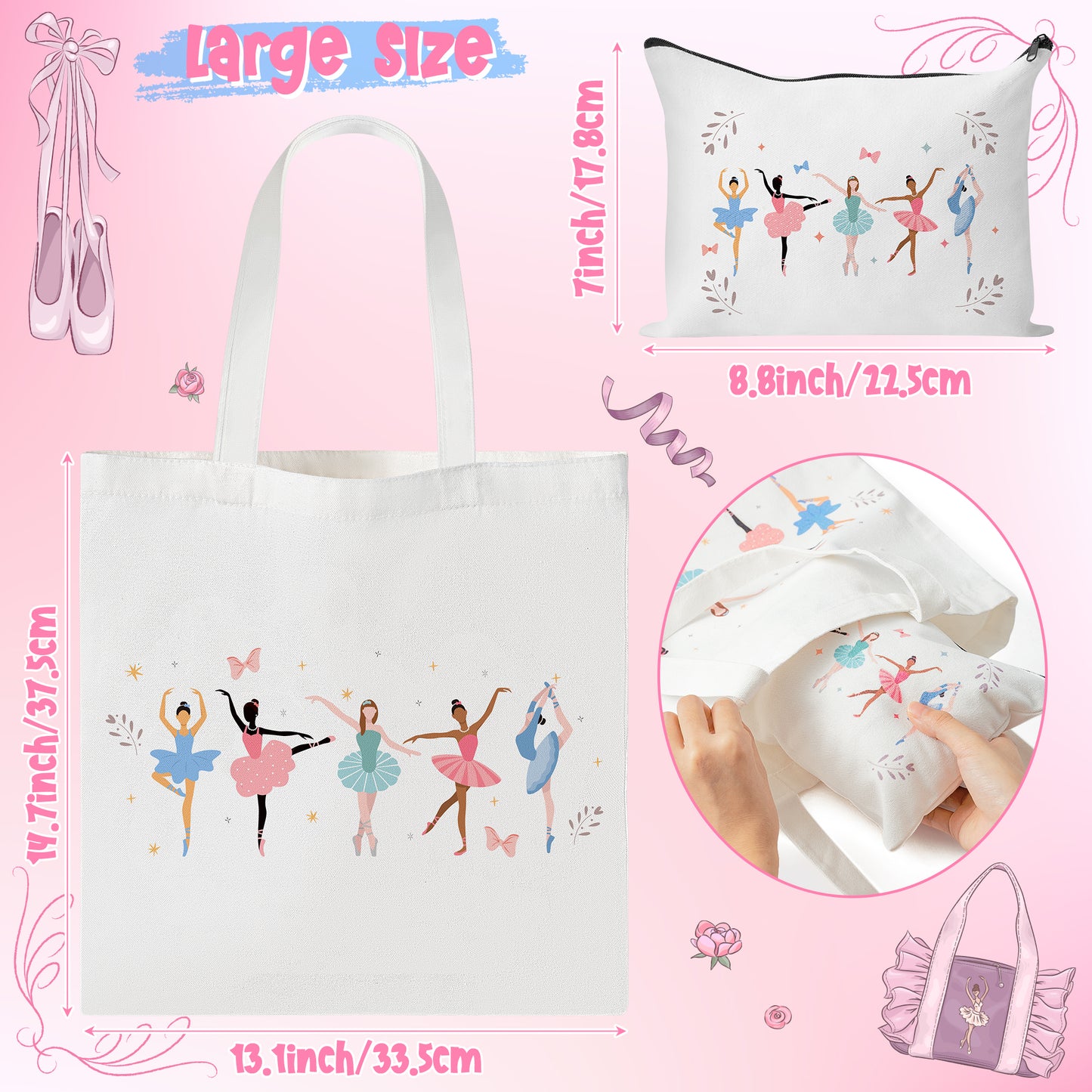 Y1tvei Ballerina Canvas Tote Bag - 2Pcs Ballerina Watercolor Print Makeup Bag Set, Cute Ballet Dancing Girl Canvas Tote Bag, Reusable Grocery Shopping Bag, Dance Recital Gifts for Ballerina Women