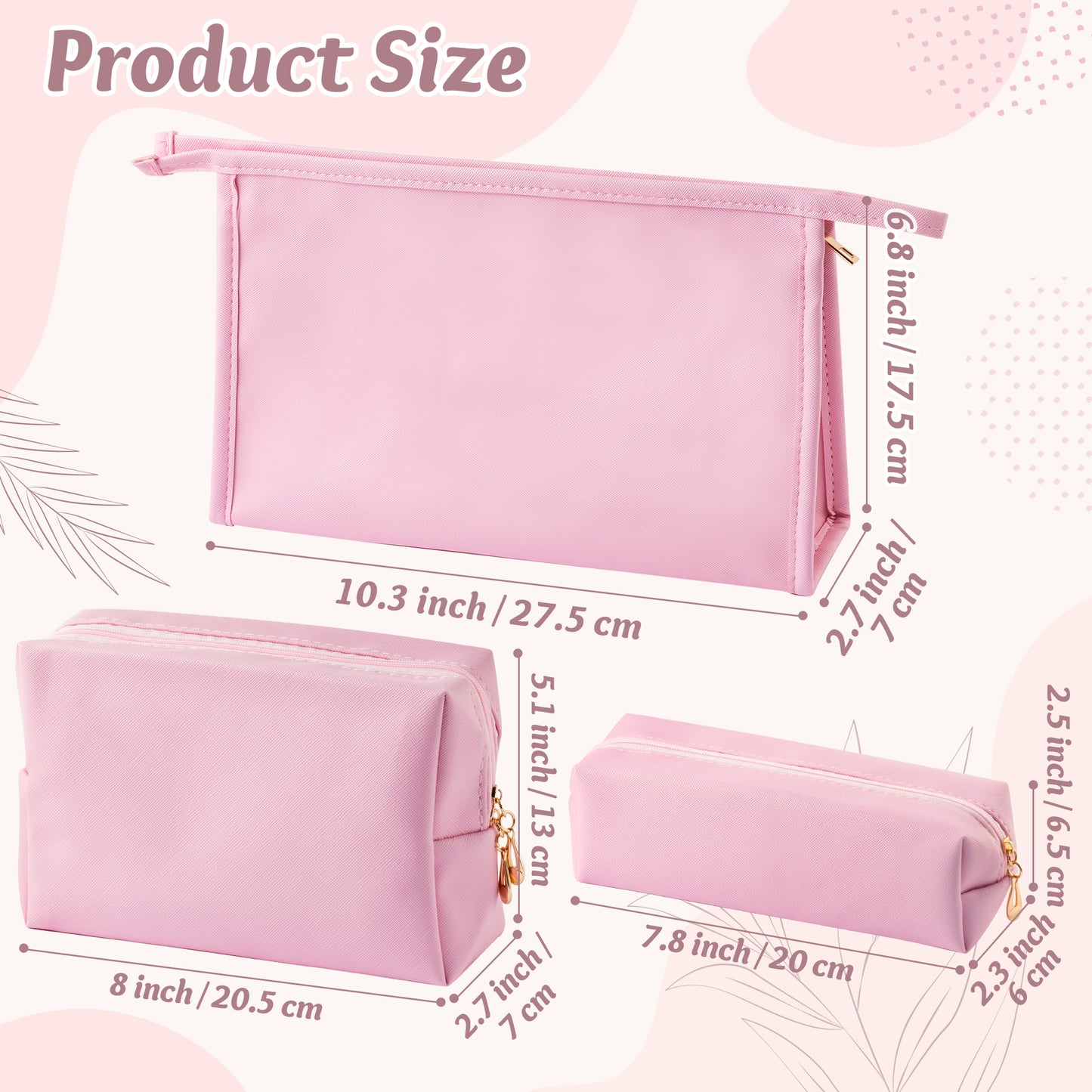 Y1tvei Makeup Bag for Women - 3Pcs Minimalist PU Leather Makeup Bag Set, Large Cosmetic Pouch with Zipper for Purse, Travel Makeup Brush Holder, Waterproof Portable Cosmetic Toiletry Organizer(Pink)