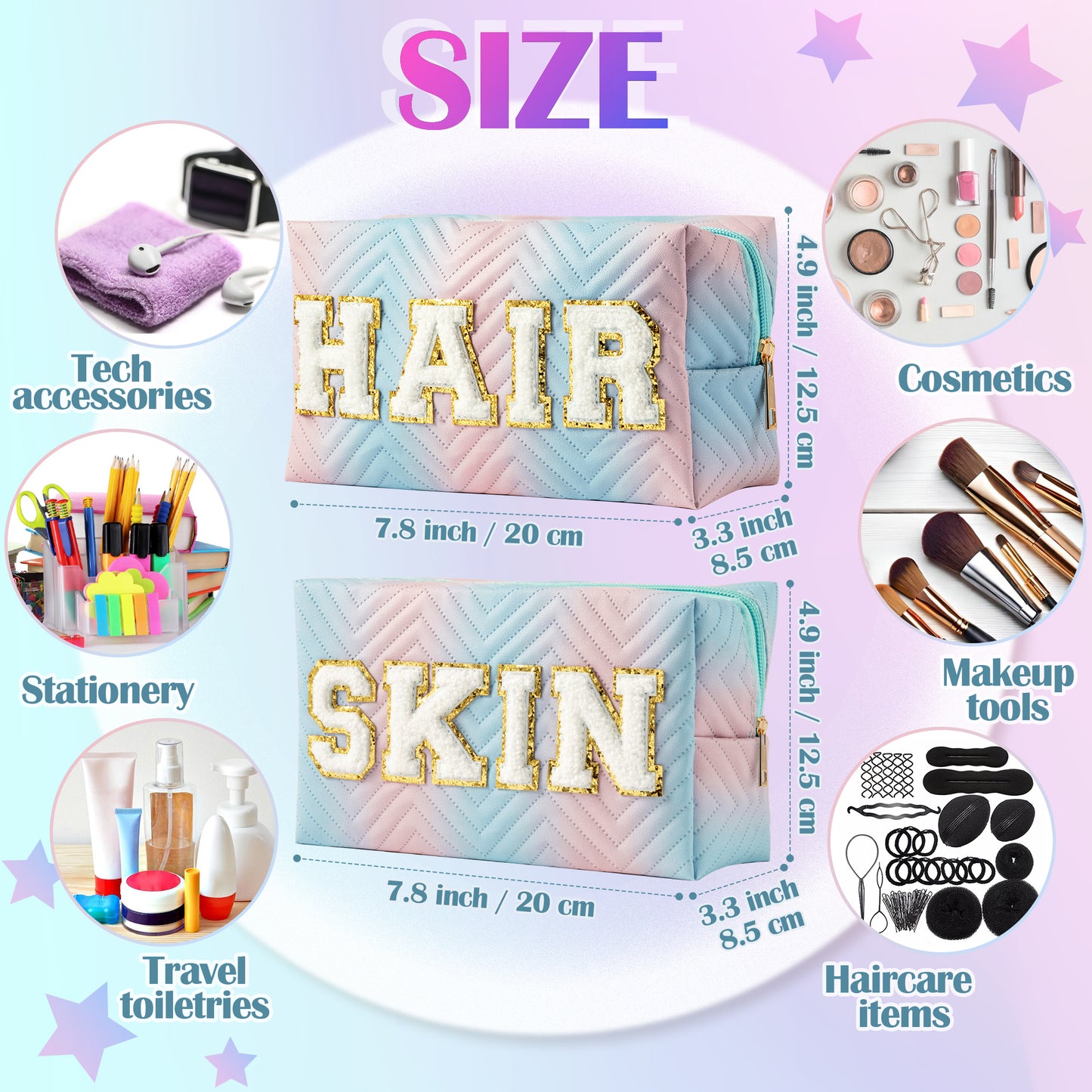 Y1tvei Preppy Patch SKIN HAIR Chenille Letter Blue Pink Gradient Makeup Bag Colorful Leather Waterproof Portable Fantasy Cosmetic Pouch Travel Toiletry Bag Carry On Zipper Organizer Gifts for Women