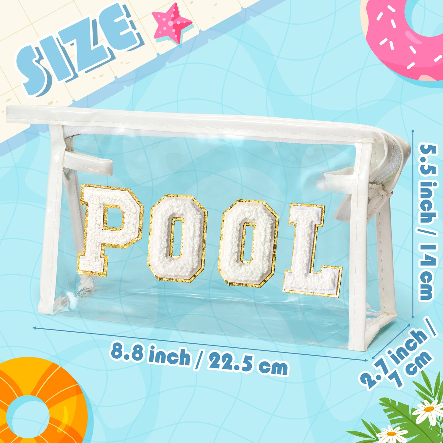 Y1tvei Clear POOL Makeup Bag - Preppy White POOL Chenille Varsity Letter Sunscreen Cosmetic Pouch PVC Transparent Zipper Waterproof Beach Pool Summer Travel Toiletry Organizer for Swimmer Women(White)
