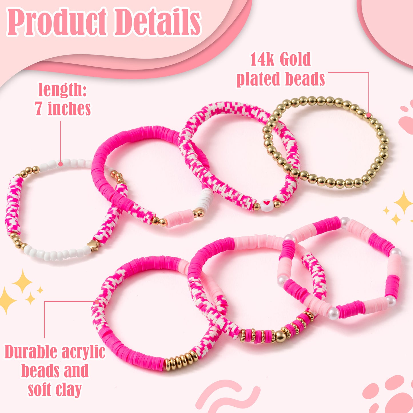 Y1tvei Pink Clay Bead Bracelets - 7Pcs Pink Spot Clay Bead Surfer Bracelet Set Gold Plated Bead Stackable Stretch Bracelet Layering Summer Beach Jewelry Friendship Bracelet Gift for Women Teen Girls