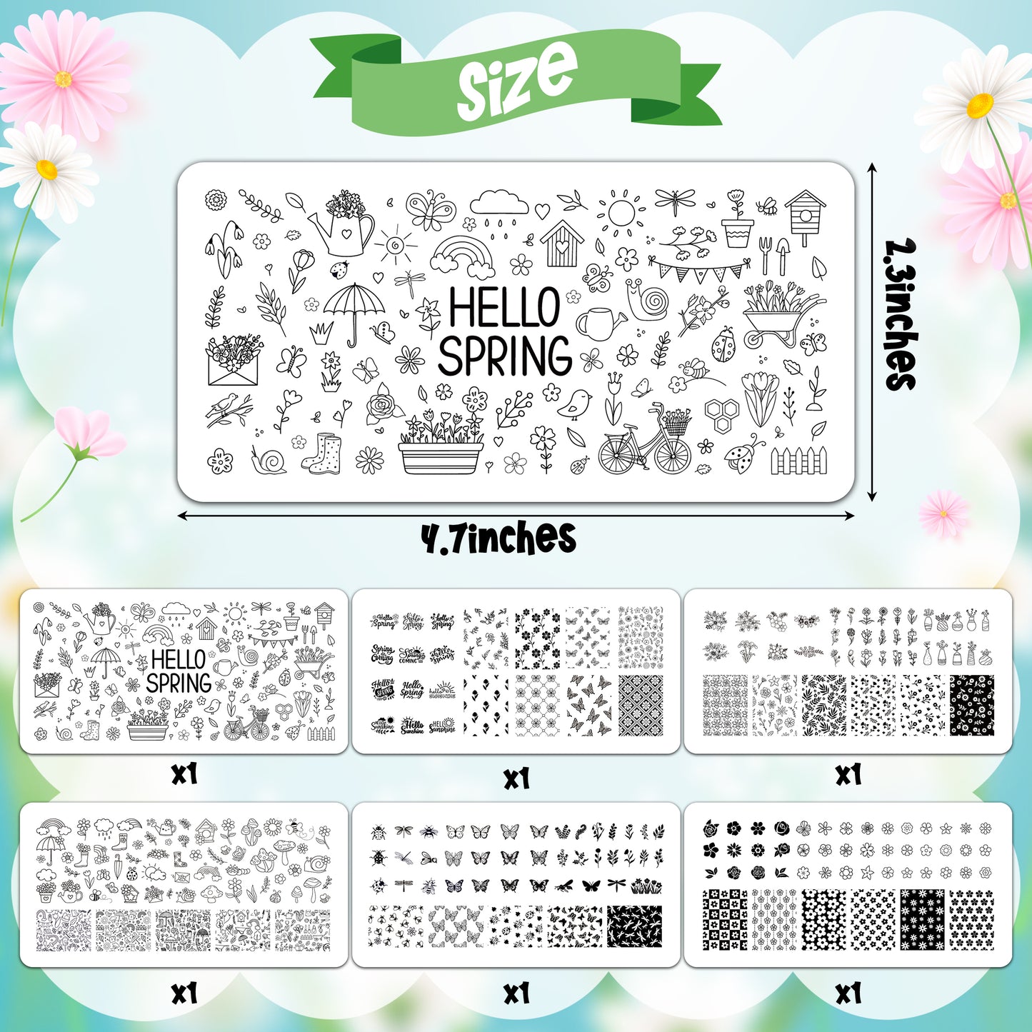 Y1tvei Spring Nail Stamping Plates - 6Pcs Flower Butterfly Hello Spring Theme Nail Art Stamp Plates, Stainless Steel Nail Polish Stamping Templates, Nail Art Printer DIY Manicure Stamp Plate for Women