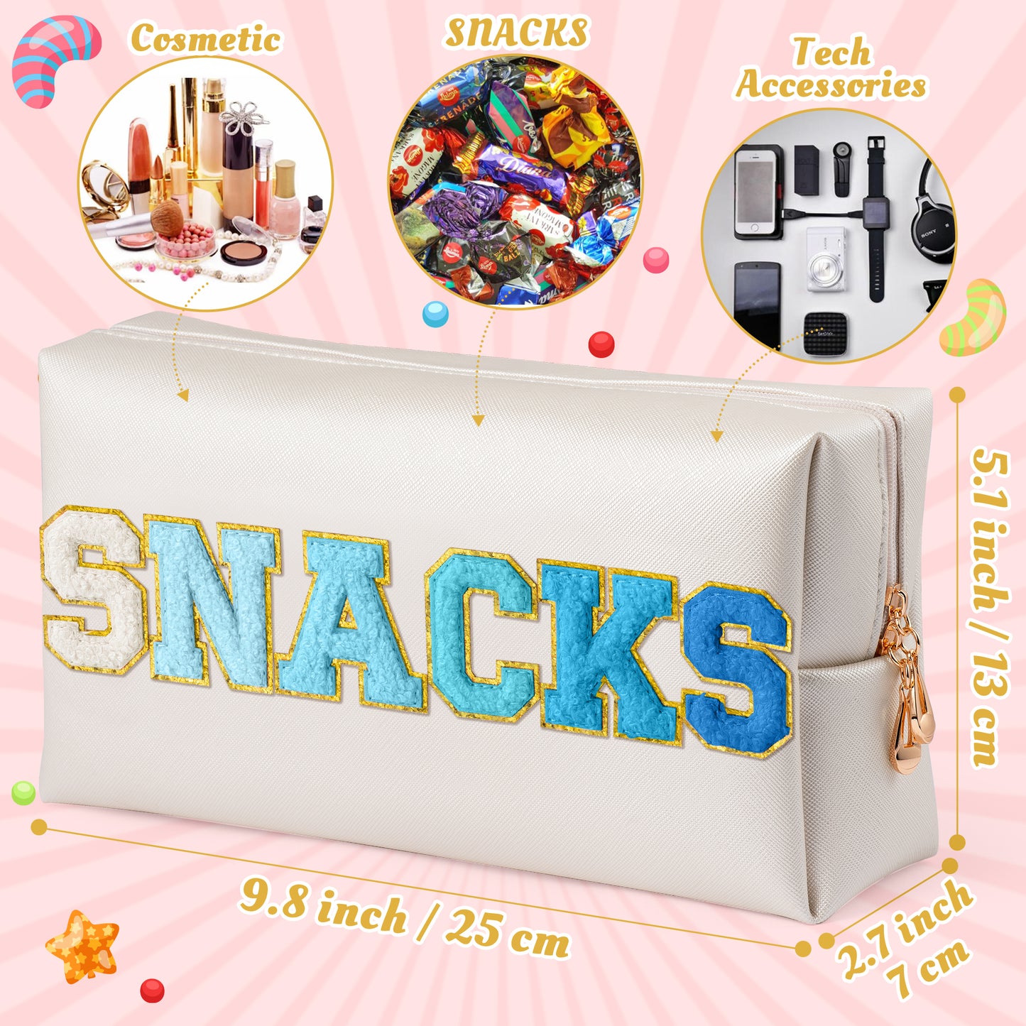 Y1tvei Large SNACKS Cosmetic Bag - Preppy Blue Snacks Chenille Varsity Letter Makeup Bag, PU Leather Waterproof Toiletry Bag Zipper Pouch for Purse Travel Cosmetic Organizer Gift for Women(Shell Gold)