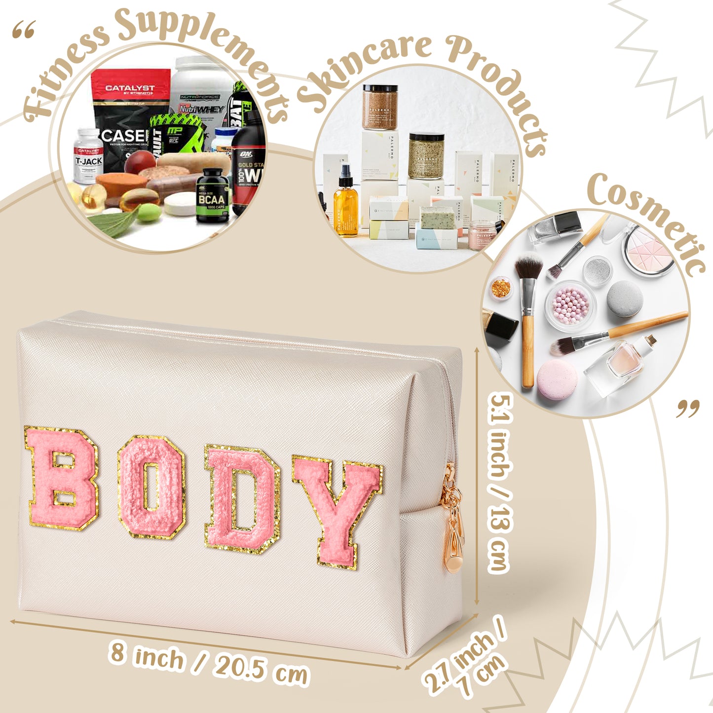 Y1tvei Body Parts Makeup Bag - Preppy Patch Pink Body Chenille Varsity Letter Cosmetic Bag, PU Leather Waterproof Portable Toiletry Bag, Zipper Pouch Travel Cosmetic Organizer for Women(Shell Gold)