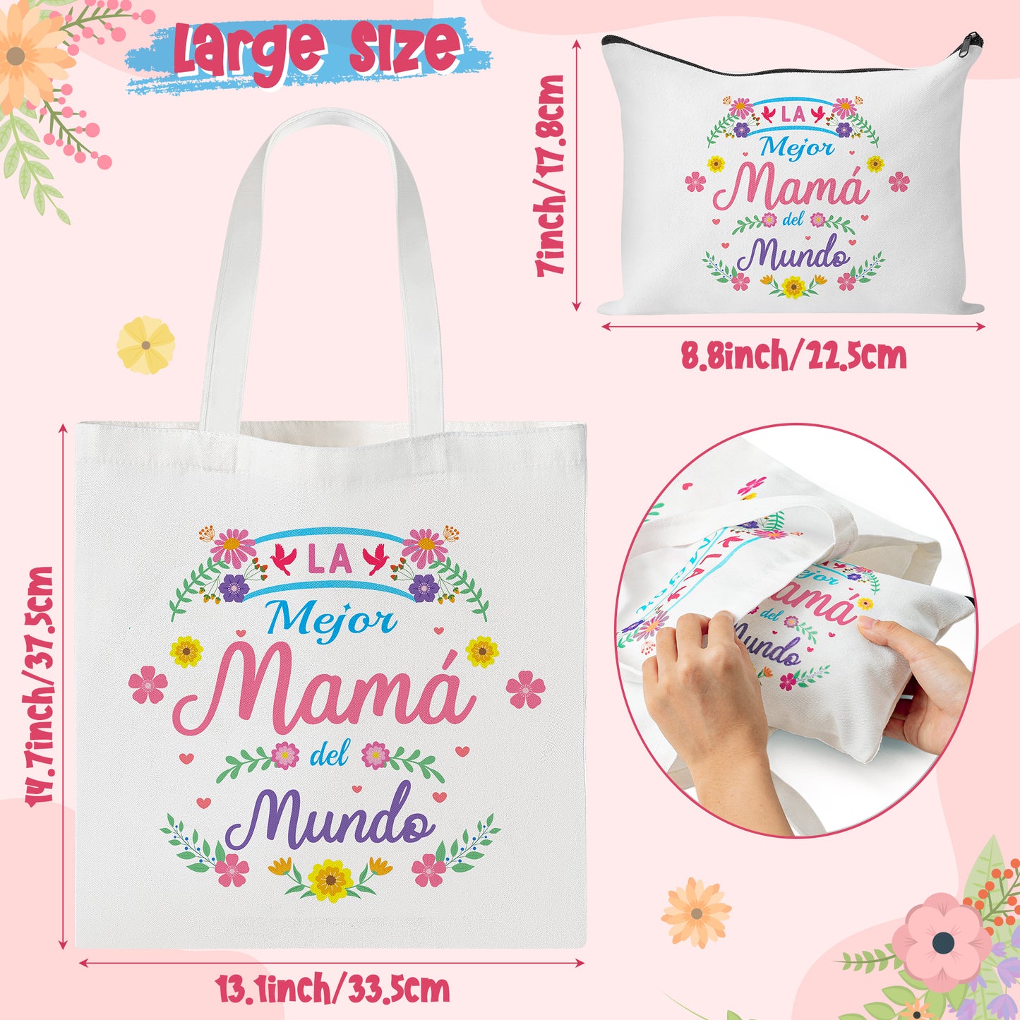 Y1tvei Mama Spanish Tote Bag - 2Pcs La Mejor Mama Del Mundo Canvas Tote Makeup Bag, Foldable Reusable Grocery Shopping Best Mother Ever Tote Bag, Gracias Mama Regalo Mothers Day Gifts for Mom Women