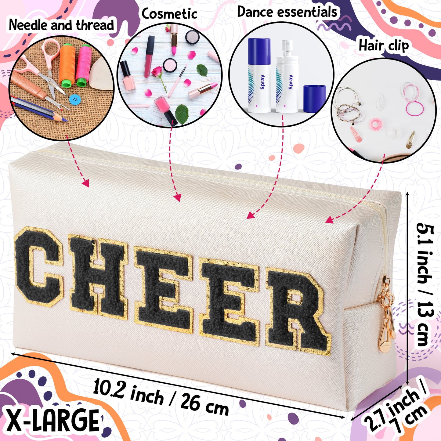 Y1tvei CHEER Large Cosmetic Bag - Preppy Patch CHEER Black Chenille Letter Makeup Bag PU Leather Waterproof Portable Cheer Letter Toiletry Pouch Travel Organizer for Cheerleader Girl (Shell Gold)