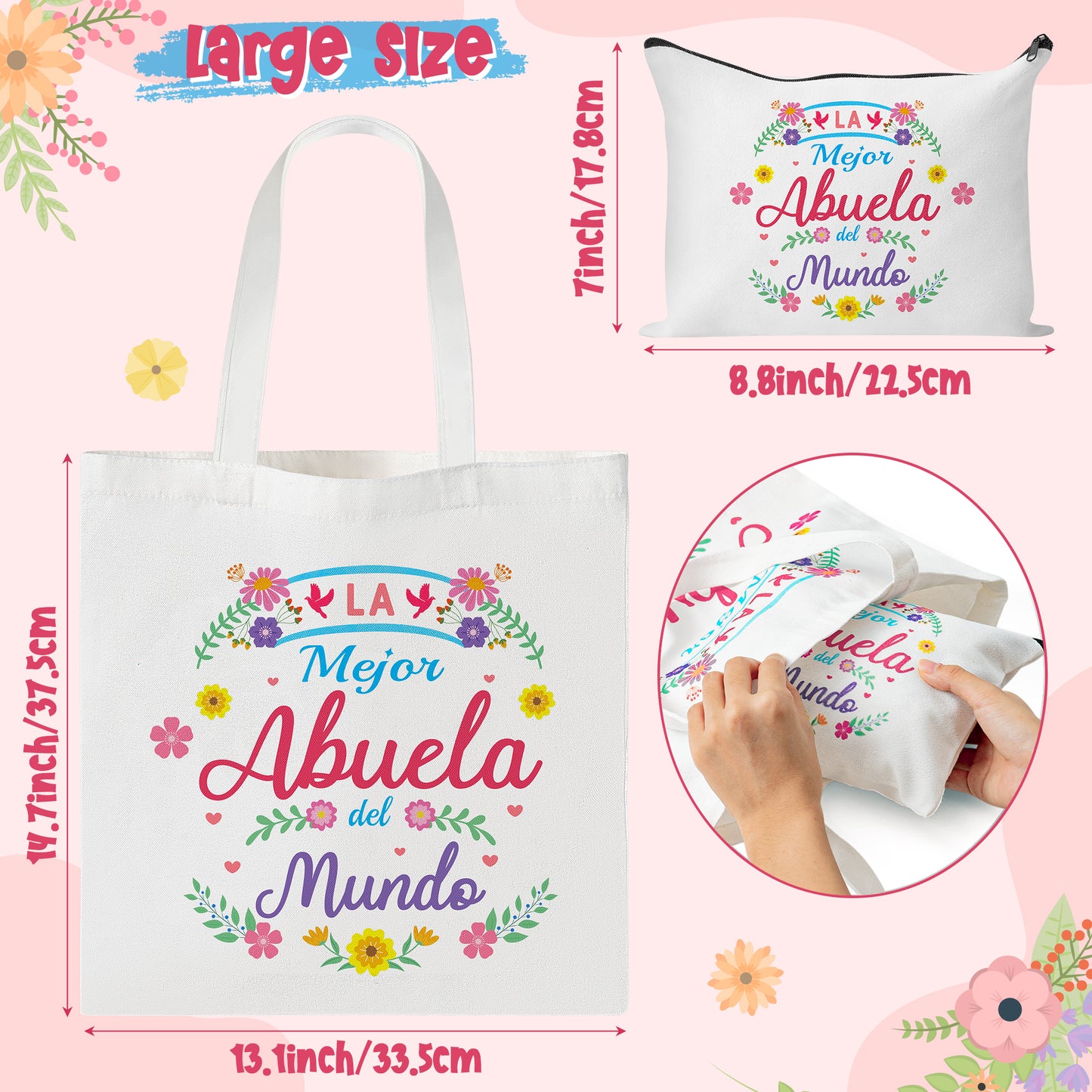 Y1tvei Abuela Spanish Tote Bag - 2Pcs La Mejor Abuela Del Mundo Canvas Tote Makeup Bag, Foldable Reusable Grocery Shopping Best Grandma Tote Bag, Gracias Abuela Gifts for Grandma from Granddaughter