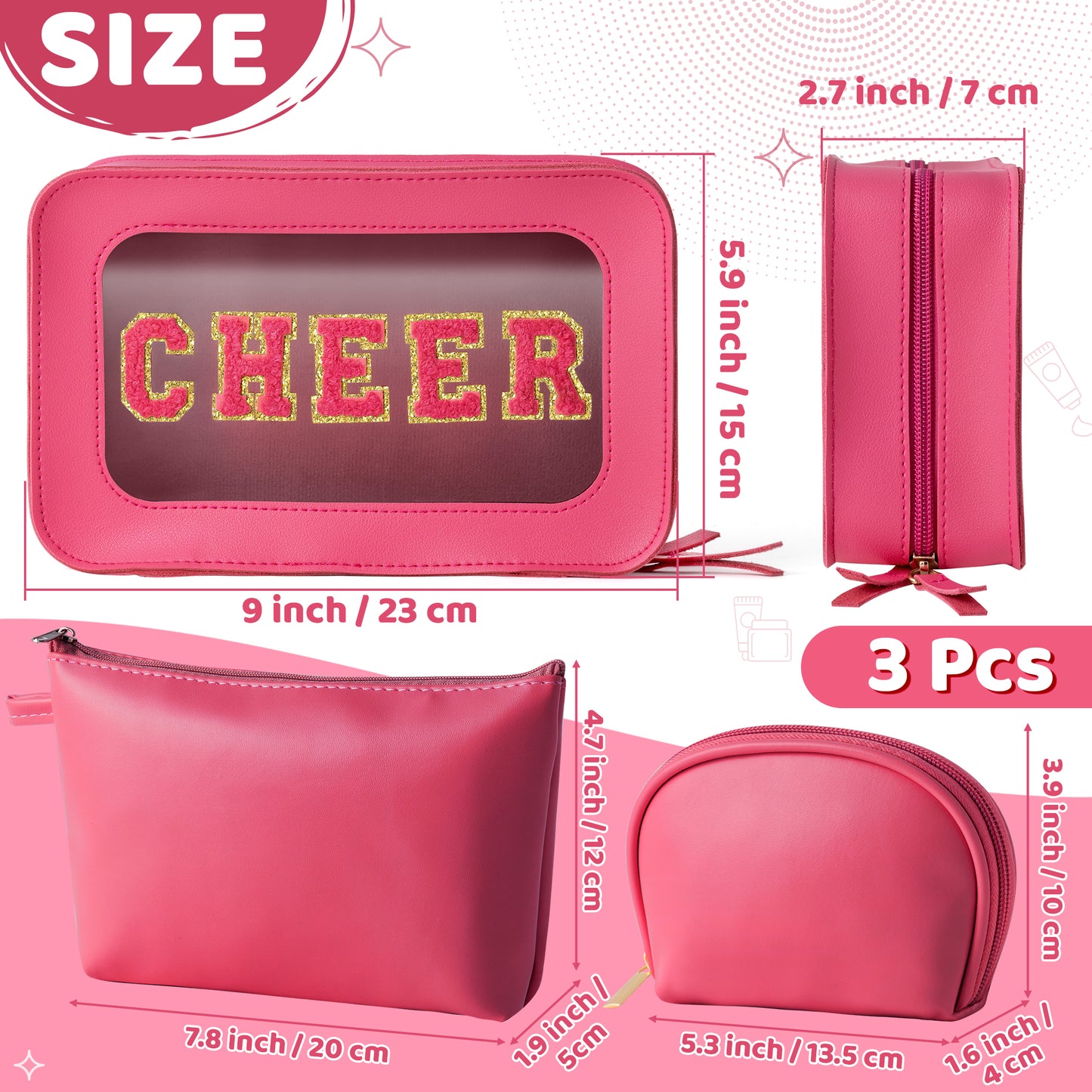 Y1tvei CHEER Clear Cosmetic Bag - 3Pcs Hot Pink Cheer Chenille Patch Clear Makeup Bag , Leather Waterproof Travel Toiletry Organizer with Makeup Pouch for Purse, Cheer Gift for Cheerleader(Rose Red)