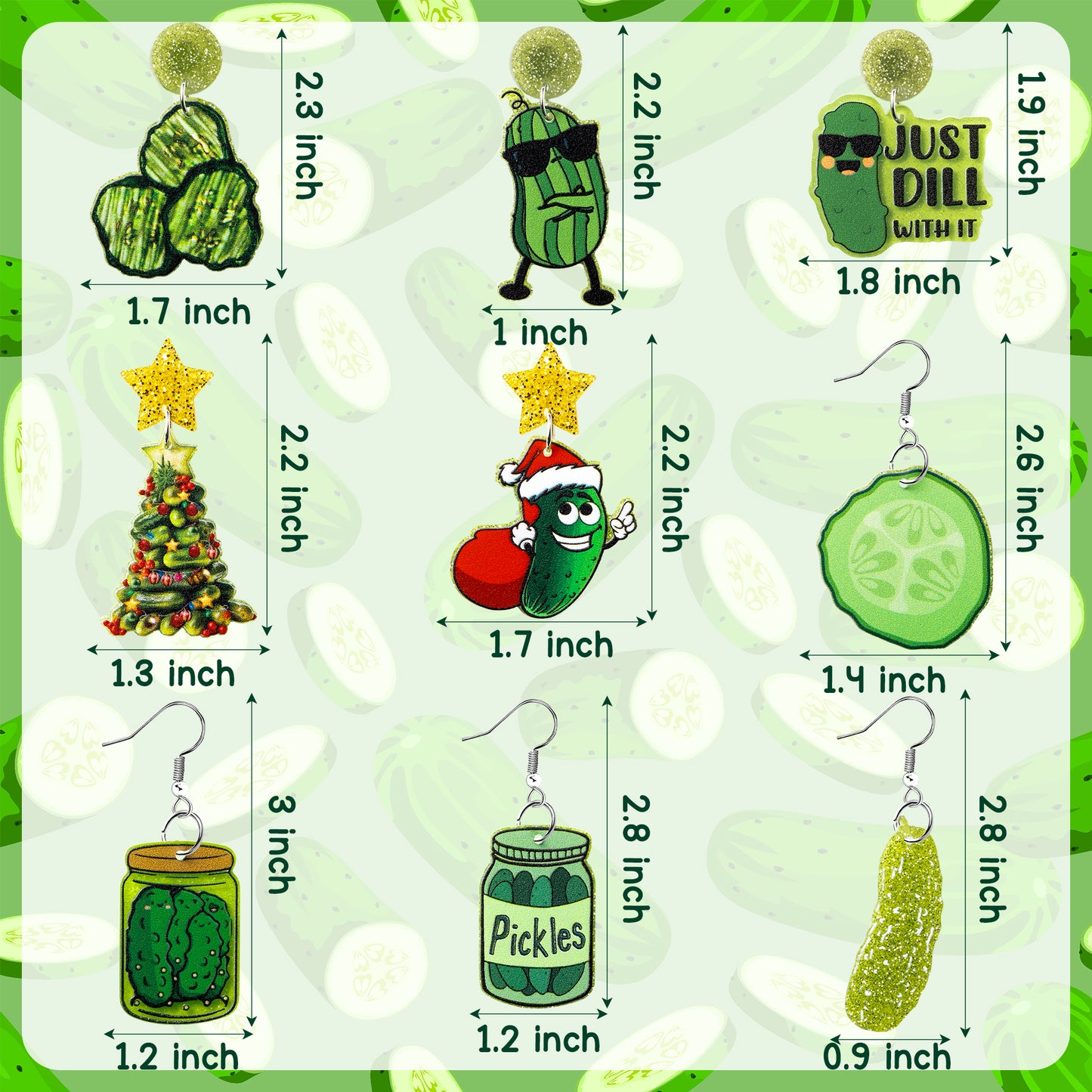 Y1tvei Christmas Earrings for Women - 9Pairs Just Dill with It Pickle Sparkly Glitter Drop Dangle Earring Funny Pickle Jar Cucumber Acrylic Earrings Cute Christmas Pickle Gifts for Women Pickle Lovers