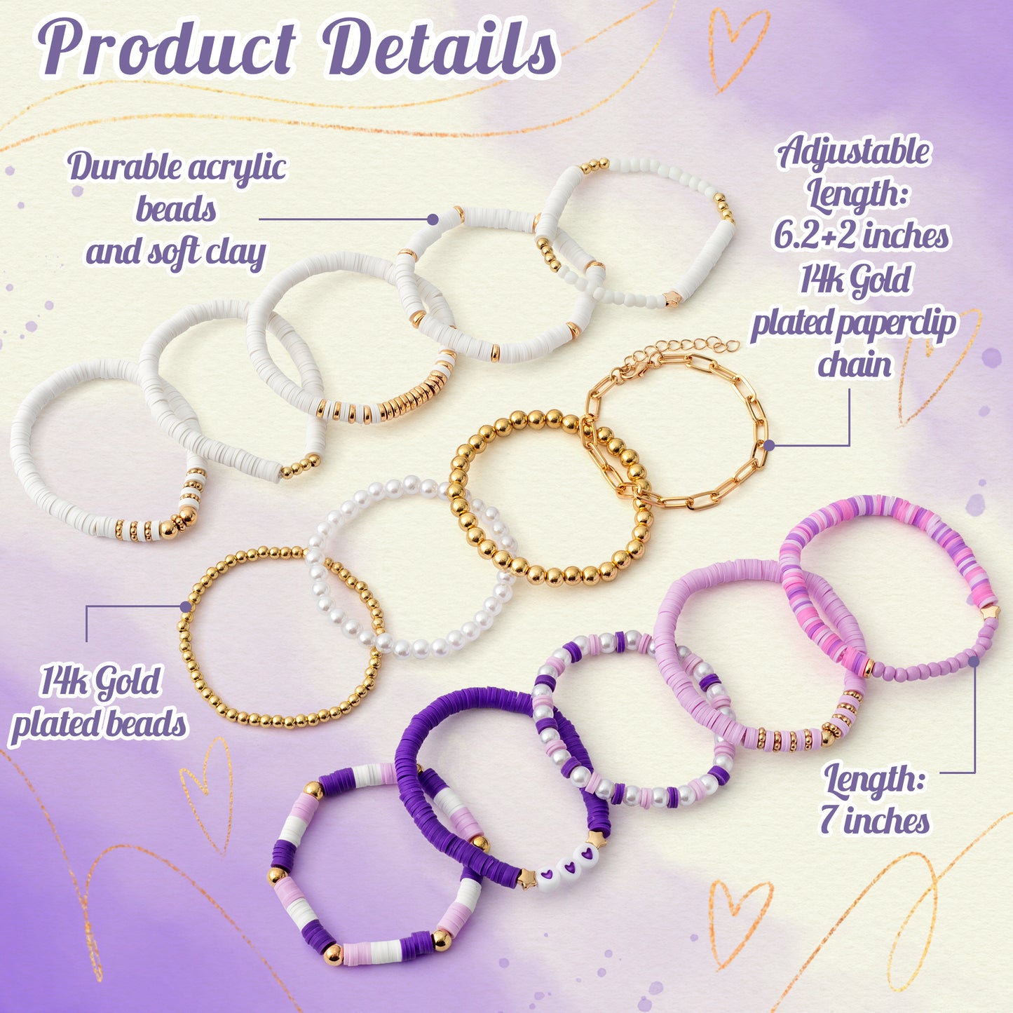 Y1tvei Purple White Bead Bracelets - 14Pcs Purple White Clay Bead Surfer Bracelet Set Stackable Gold Plated Bead Stretch Bracelet Layering Summer Beach Jewelry Friendship Bracelet Gift for Women Girls