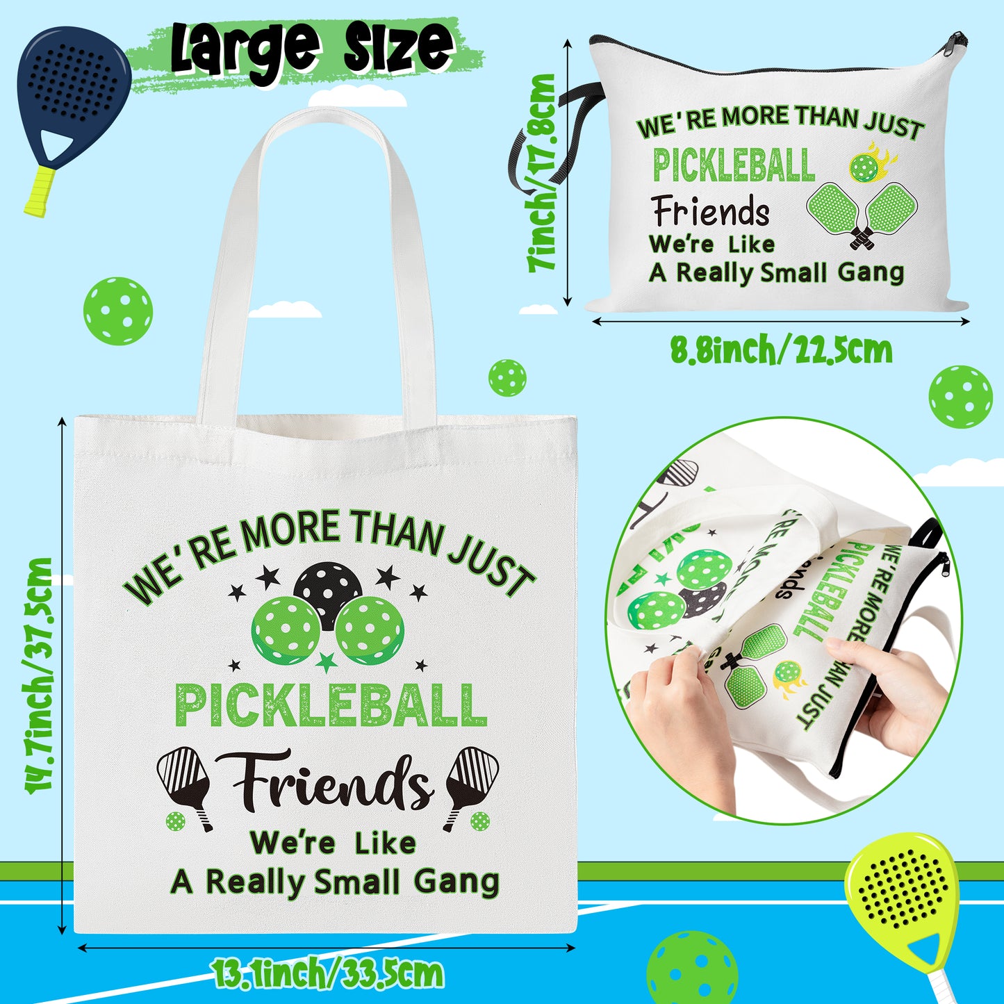 Y1tvei Pickleball Canvas Tote Bag - 2Pcs Pickleball We're More Than Just Friends Cosmetic Tote Bag Set, Reusable Grocery Folding Shopping Bag, Funny Unique Pickleball Gifts for Women Pickleball Lovers