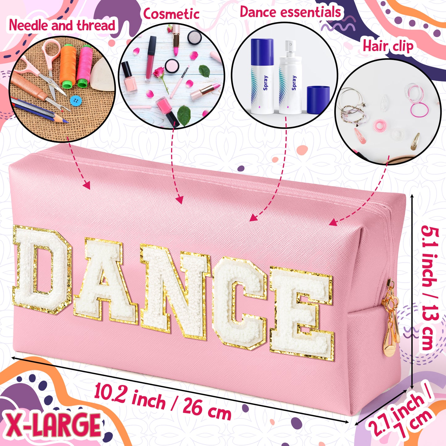 Y1tvei DANCE Large Cosmetic Bag - Preppy Patch DANCE White Chenille Letter Makeup Bag PU Leather Waterproof Portable Dance Letter Toiletry Pouch Travel Organizer Dancer Gift for Women Girl (Pink)