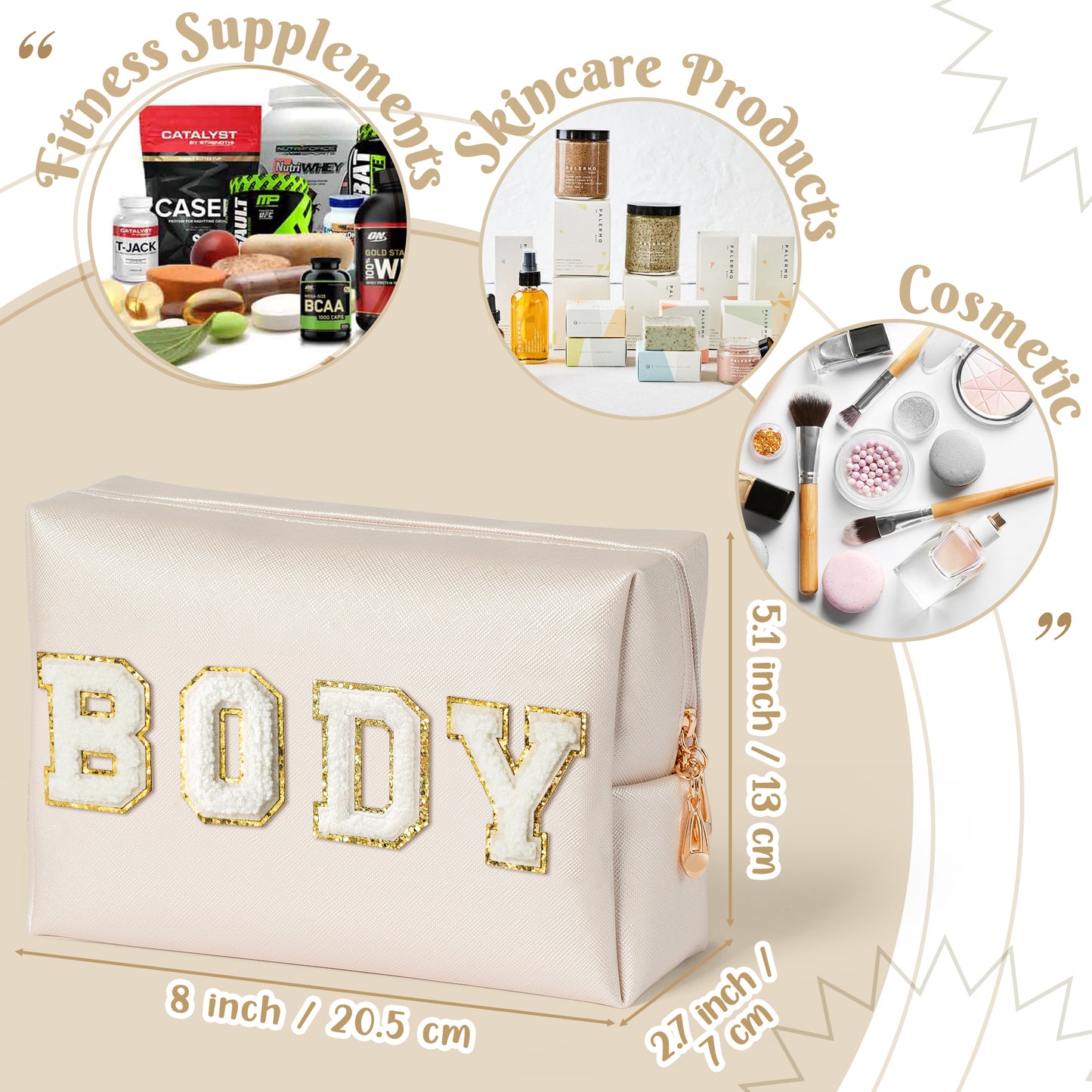 Y1tvei Body Parts Makeup Bag - Preppy Patch White Body Chenille Varsity Letter Cosmetic Bag, PU Leather Waterproof Portable Toiletry Bag, Zipper Pouch Travel Cosmetic Organizer for Women(Shell Gold)