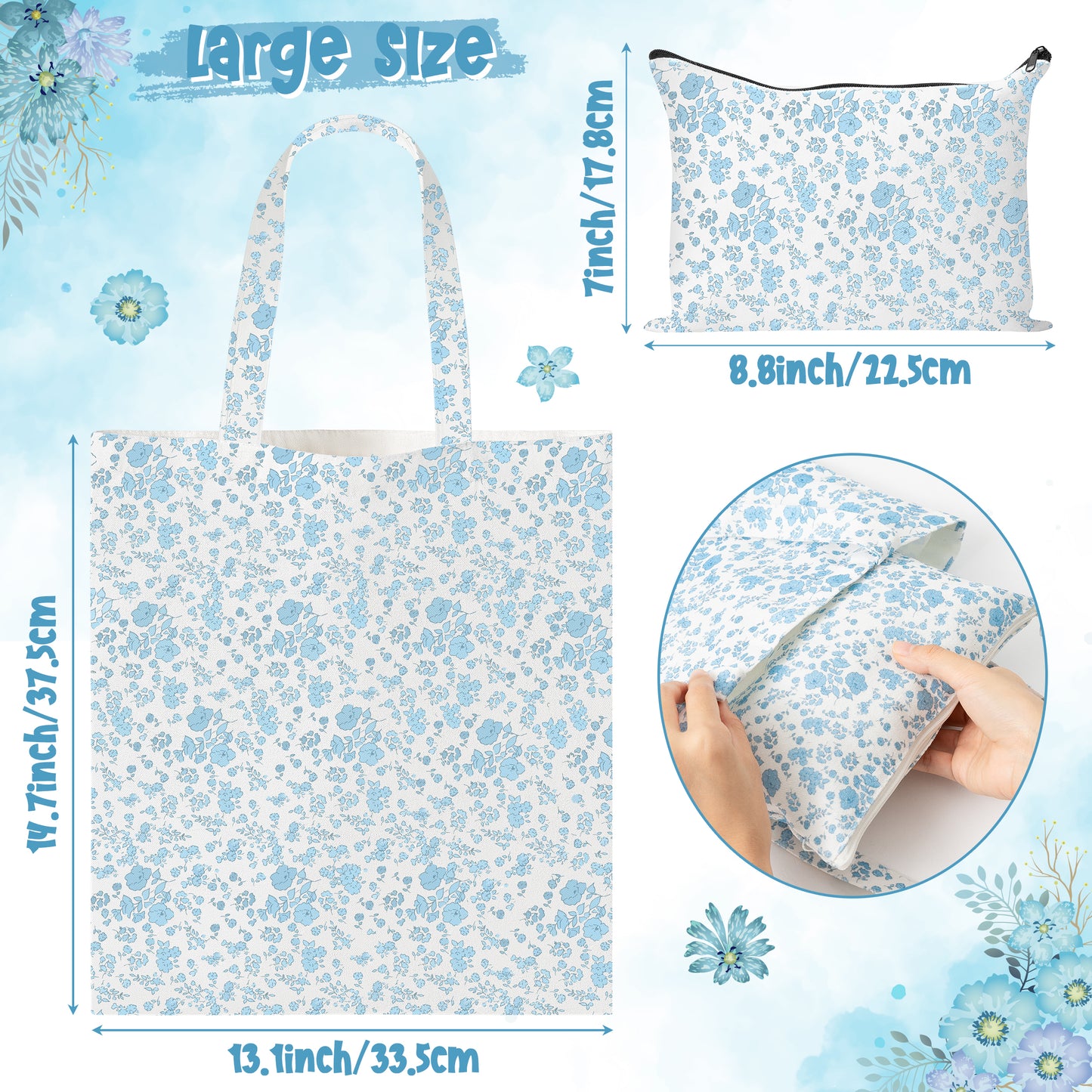Y1tvei Blue Floral Canvas Bag - 2Pcs Light Blue Floral Canvas Tote Bag Set, Cute Little Flower Makeup Bag, Reusable Grocery Folding Shopping Bag, Coquette Aesthetic Floral Makeup Pouch Gifts for Women