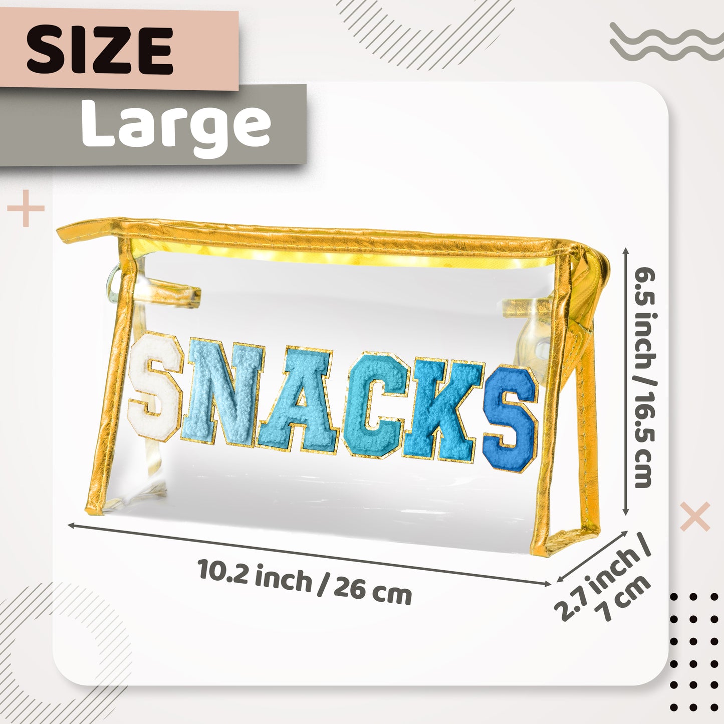 Y1tvei SNACKS Clear Makeup Bag - Preppy Patch Blue Chenille Varsity Letter Transparent PVC Large Cosmetic Pouch Portable Waterproof Beach Travel Organizer Toiletry Compliant Bag for Women Girl(Gold)