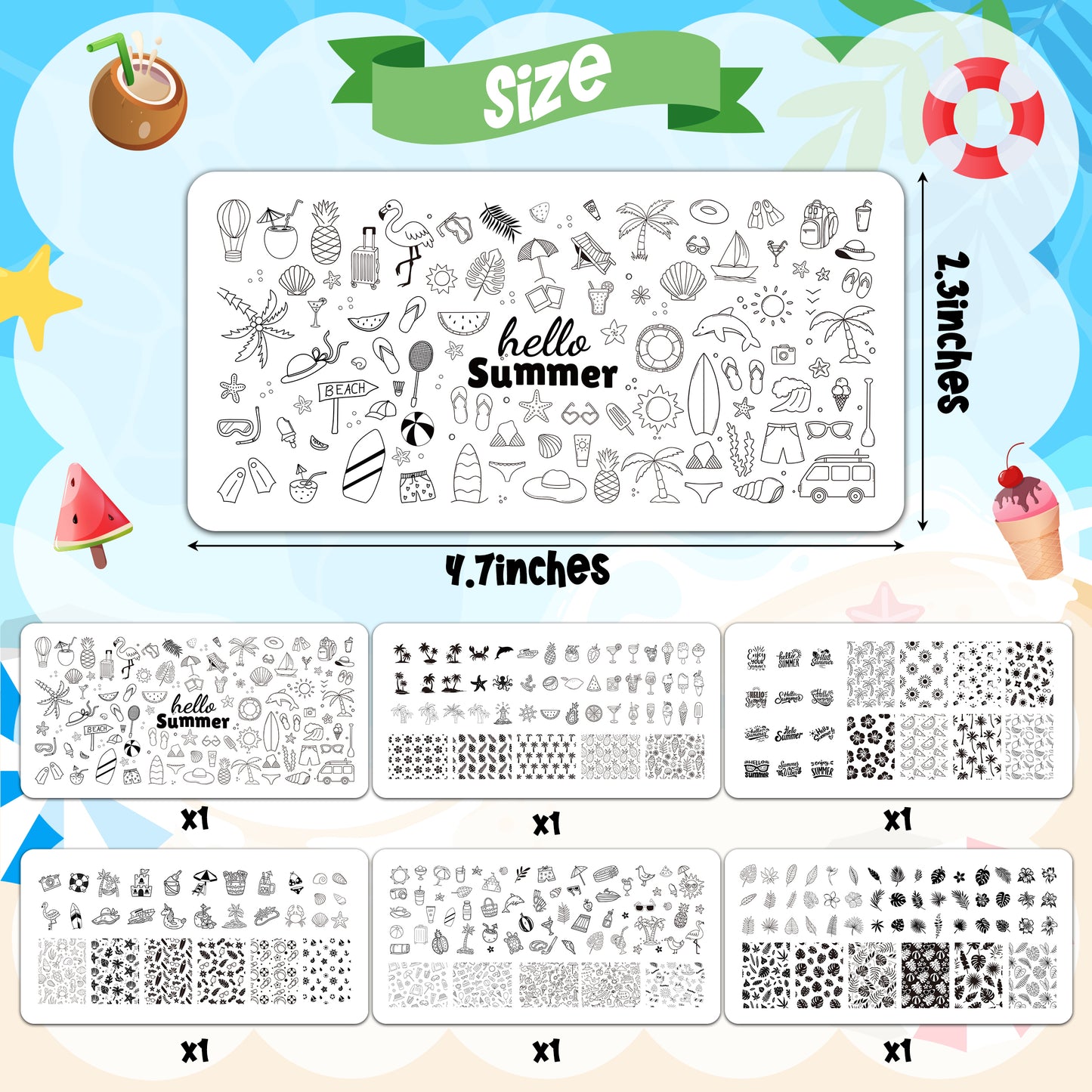 Y1tvei Hello Summer Nail Stamping Plates - 6Pcs Fruit Cocktails Leaves Sun Beach Theme Finger Art Kit, Stainless Steel Nail Polish Template Printer Decoration DIY Manicure Salon Design Gift Supplies