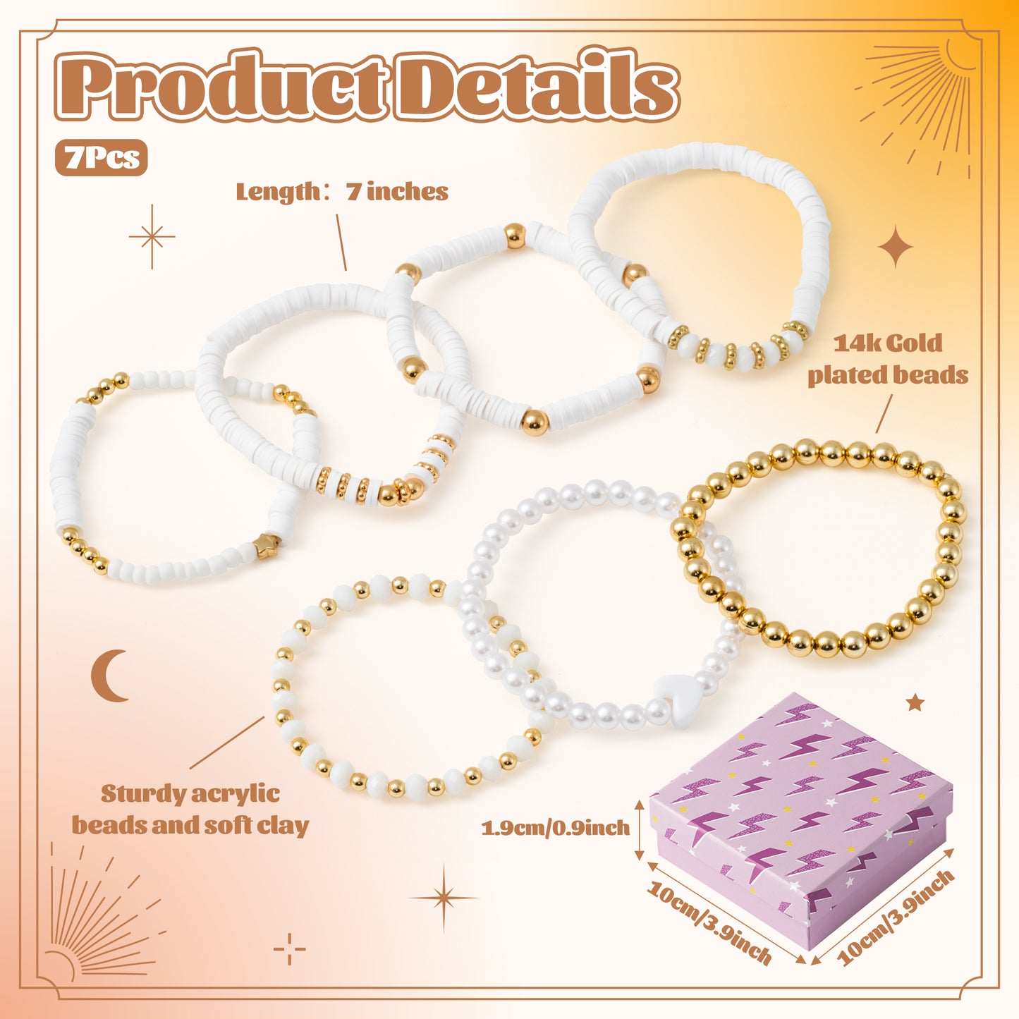 Y1tvei White Clay Bead Bracelets - 7Pcs White Surfer Heishi Clay Bead Bracelet Stackable Gold Plated Bead Stretch Pearl Bracelet Layering Summer Beach Jewelry Friendship Bracelet for Women Teen Girls