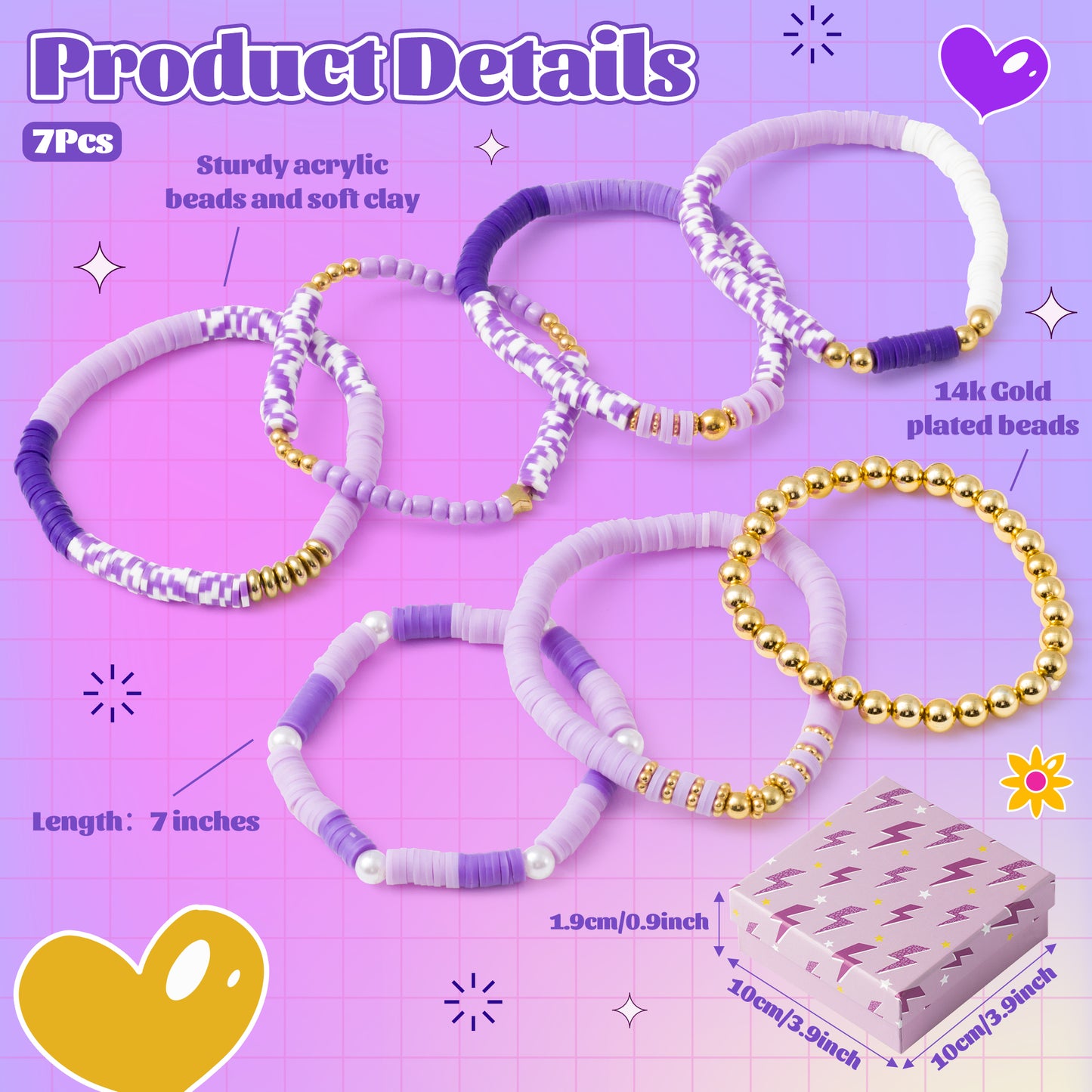 Y1tvei Purple Surfer Bead Bracelets - 7Pcs Purple Spot Clay Bead Surfer Bracelet Set Stackable Gold Plated Bead Stretch Bracelet Layering Summer Beach Jewelry Friendship Bracelet for Women Teen Girls