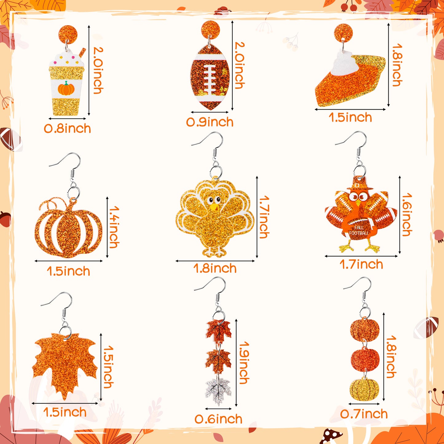 Y1tvei Fall Thanksgiving Glitter Earrings - 9Pairs Fall Leaf Turkey Football Pumpkin Sparkly Glitter Drop Dangle Earring Lightweight Cute Cartoon Ear Decoration Holiday Jewelry Gift for Girls Women