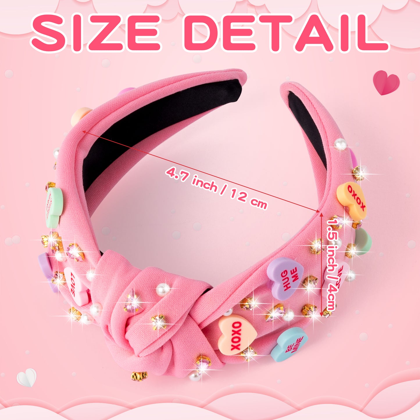 Y1tvei Valentine's Day Knotted Headband - Pink Conversation XOXO Heart Love Crystal Rhinestone Headband Wide Top Knot Fashion Headband Non Slip Trendy Holiday Hair Accessories Gift for Women Lover