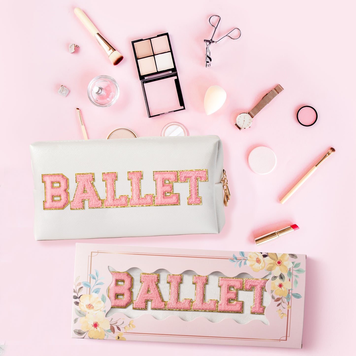 Y1tvei Ballet Cosmetic Bag for Girls - Preppy Patch BALLET Pink Chenille Letter Makeup Bag PU Leather Waterproof Portable Ballerina Makeup Pouch Dance Recital Travel Toiletry for Girl Dancer(White)