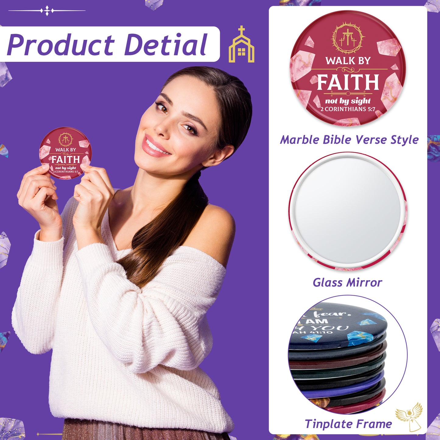 Y1tvei Christian Gifts Bulk Mirror - 36Pcs Marble Pattern Bible Verse Mini Compact Mirrors Inspirational Small Portable Pocket Makeup Mirror for Purse Church Party Favors Scripture Gifts for Women