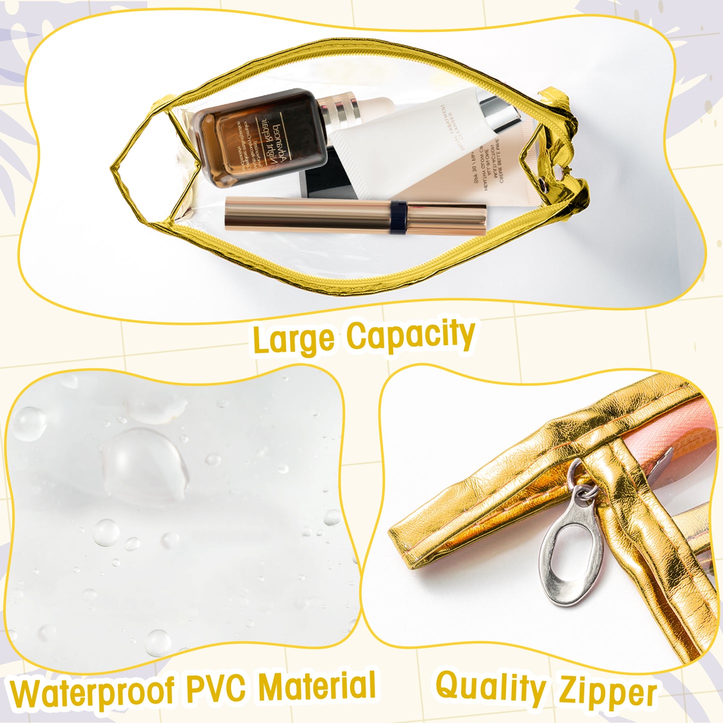 Y1tvei Clear Makeup Bag Set - 2Pcs Preppy Clear Cosmetic Travel Bag TSA Approved Large PVC Transparent Waterproof Plastic Sunscreen Pouch Beach Pool Summer Zipper Toiletry Organizer for Women(Gold)