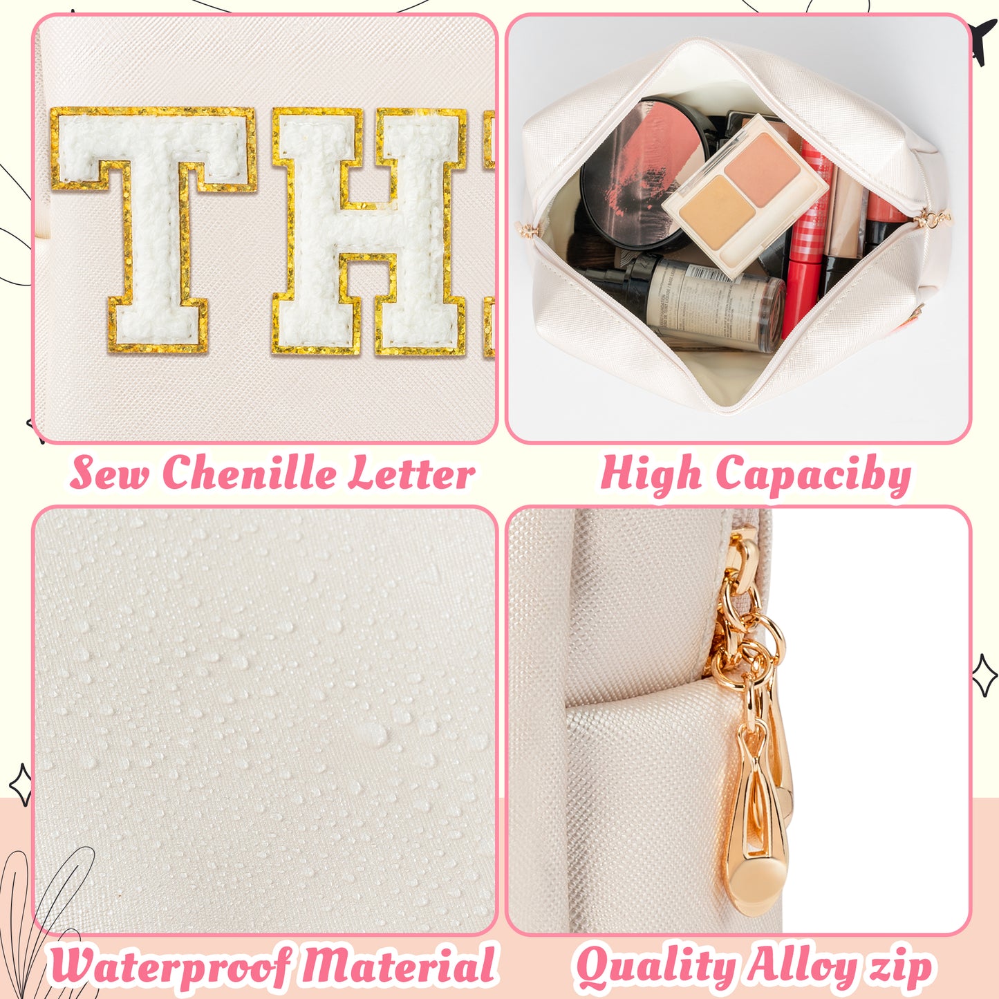 Y1tvei Large THINGS Cosmetic Bag - Preppy White Things Chenille Varsity Letter Makeup Bag, Leather Waterproof Toiletry Bag Zipper Pouch for Purse Travel Cosmetic Organizer Gift for Women(Shell Gold)