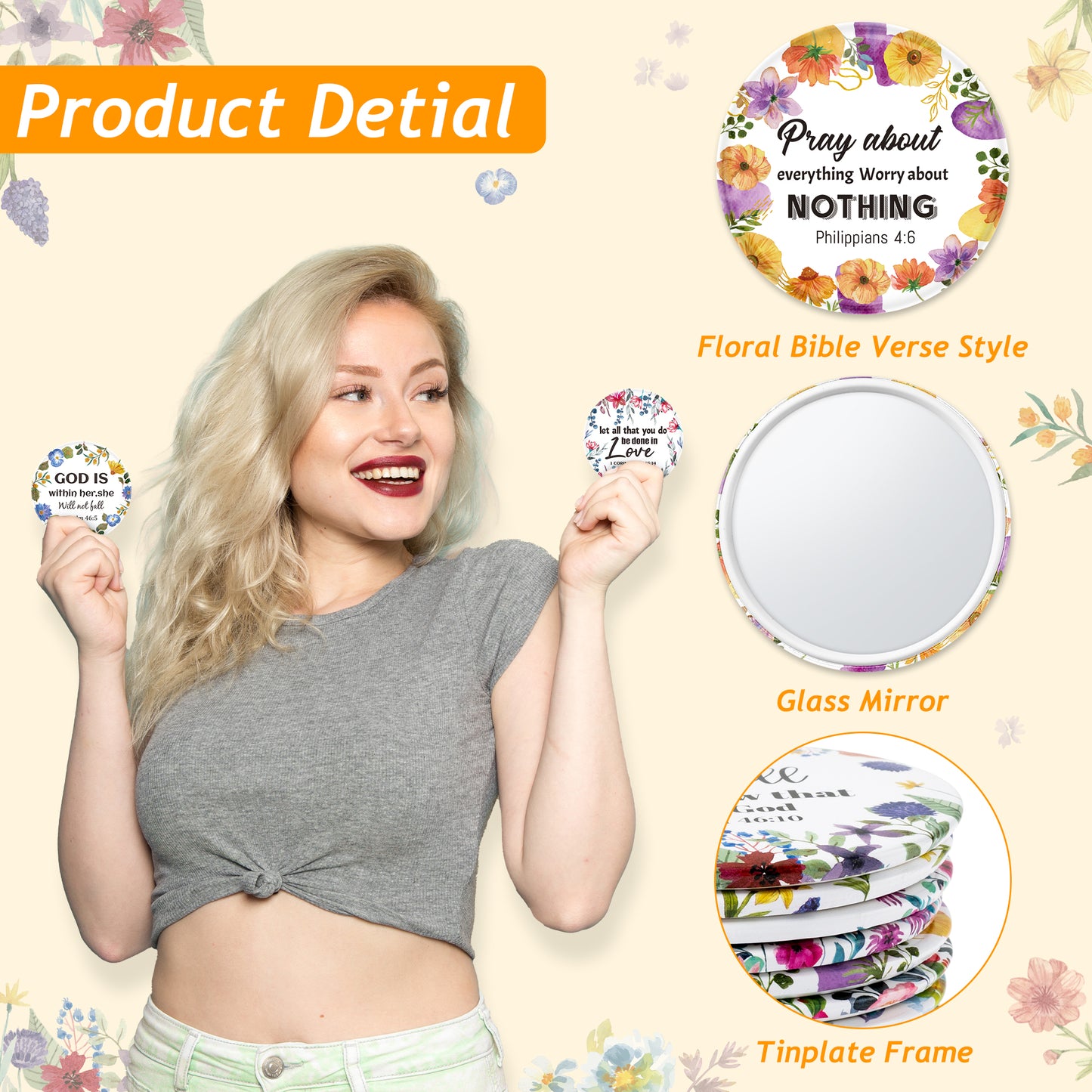 Y1tvei Bible Verse Compact Mirrors - 36Pcs Floral Bible Verse Mini Compact Mirrors Christian Gifts Bulk Inspirational Small Portable Round Pocket Makeup Mirror for Purse Church Party Favors for Women