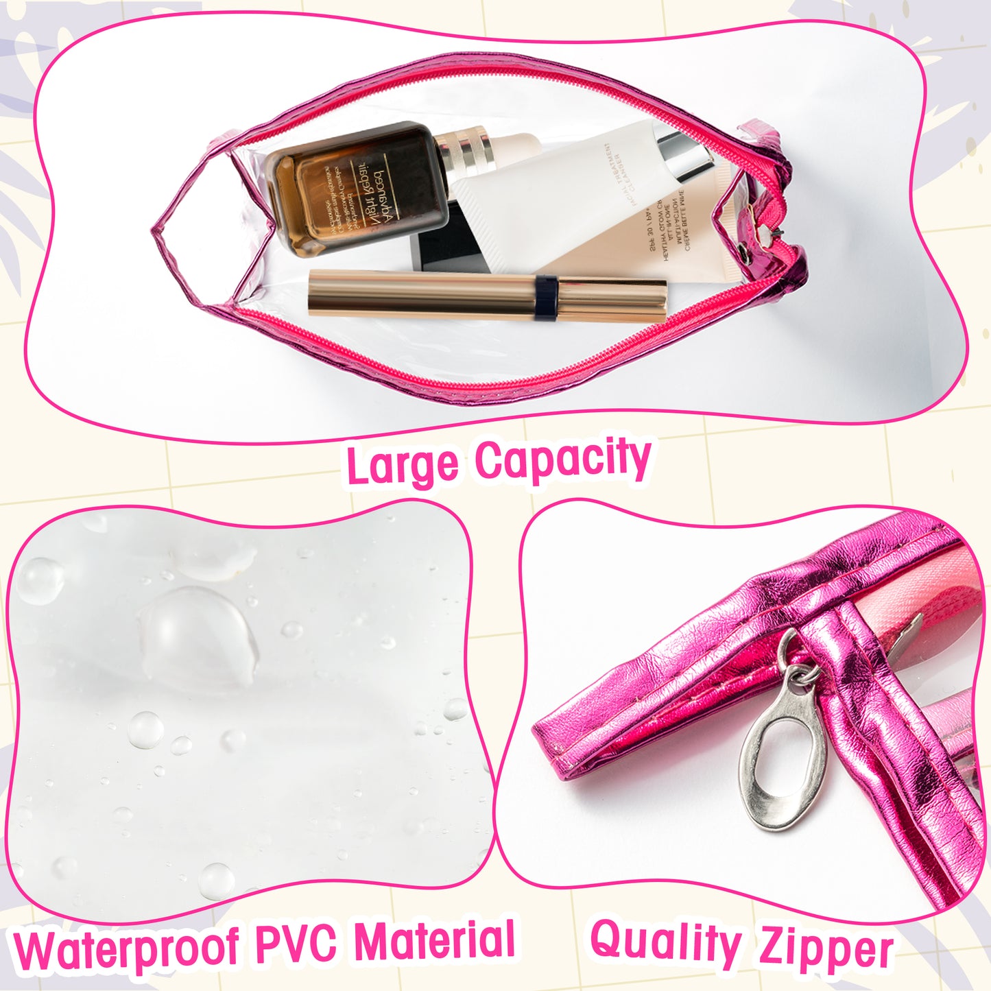 Y1tvei Clear Makeup Bag Set - 2Pcs Preppy Clear Cosmetic Travel Bag TSA Approved Large PVC Transparent Waterproof Plastic Sunscreen Pouch Beach Pool Summer Toiletry Organizer for Women(Rose Red)