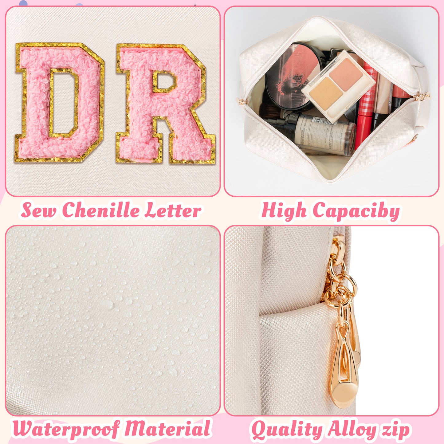 Y1tvei DRUGS Letter Cosmetic Bag - Preppy Pink Drugs Chenille Varsity Letter Makeup Bag, Leather Waterproof Toiletry Bag, Large Medicine Pouch for Purse Travel Cosmetic Organizer for Women(Shell Gold)