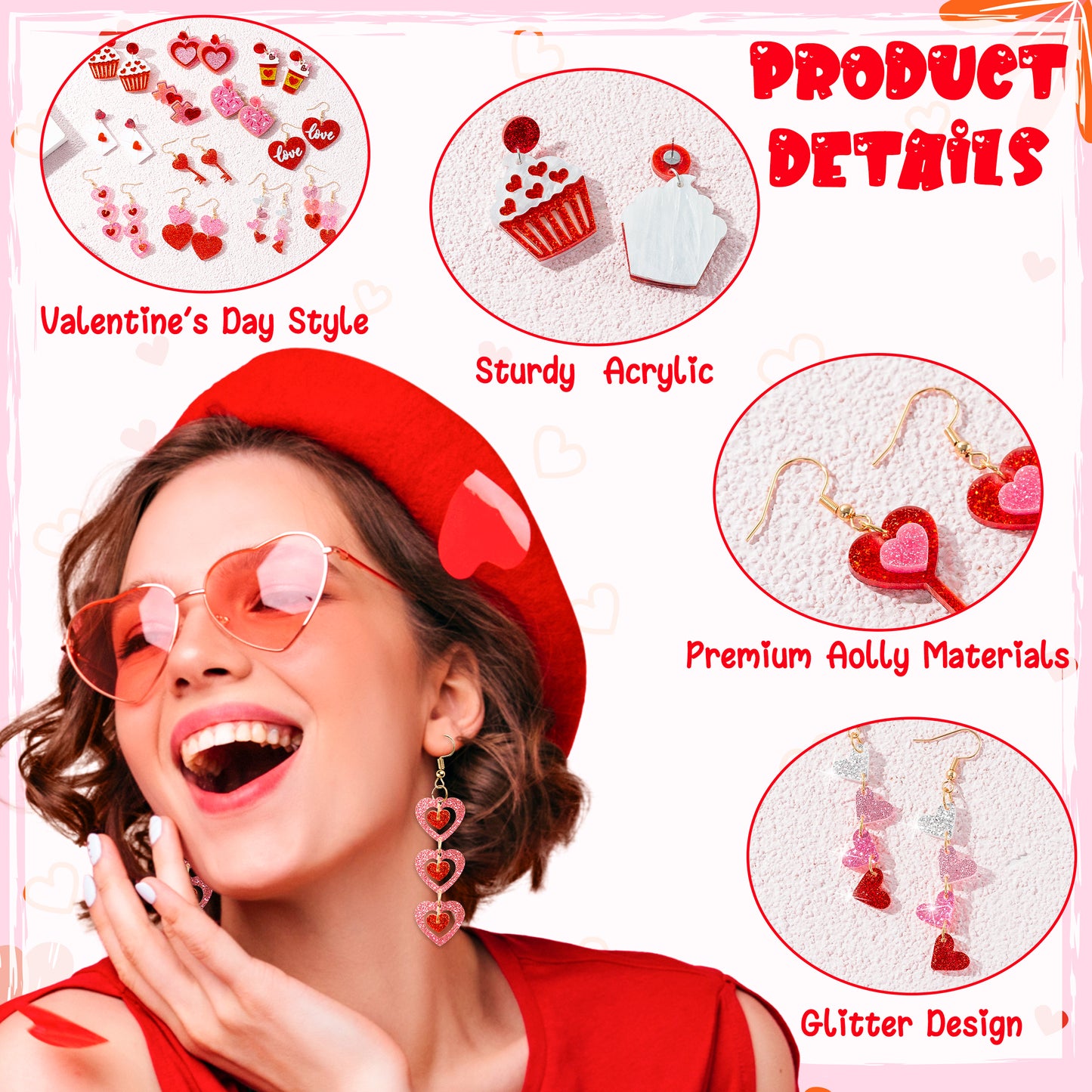 Y1tvei Valentine's Day Glitter Earrings - 12Pairs Valentine's Day Pink Red Heart Earring Sparkly Glitter Love Drop Dangle Acrylic Earring Lightweight Cute Ear Decoration Holiday Jewelry Gift for Women