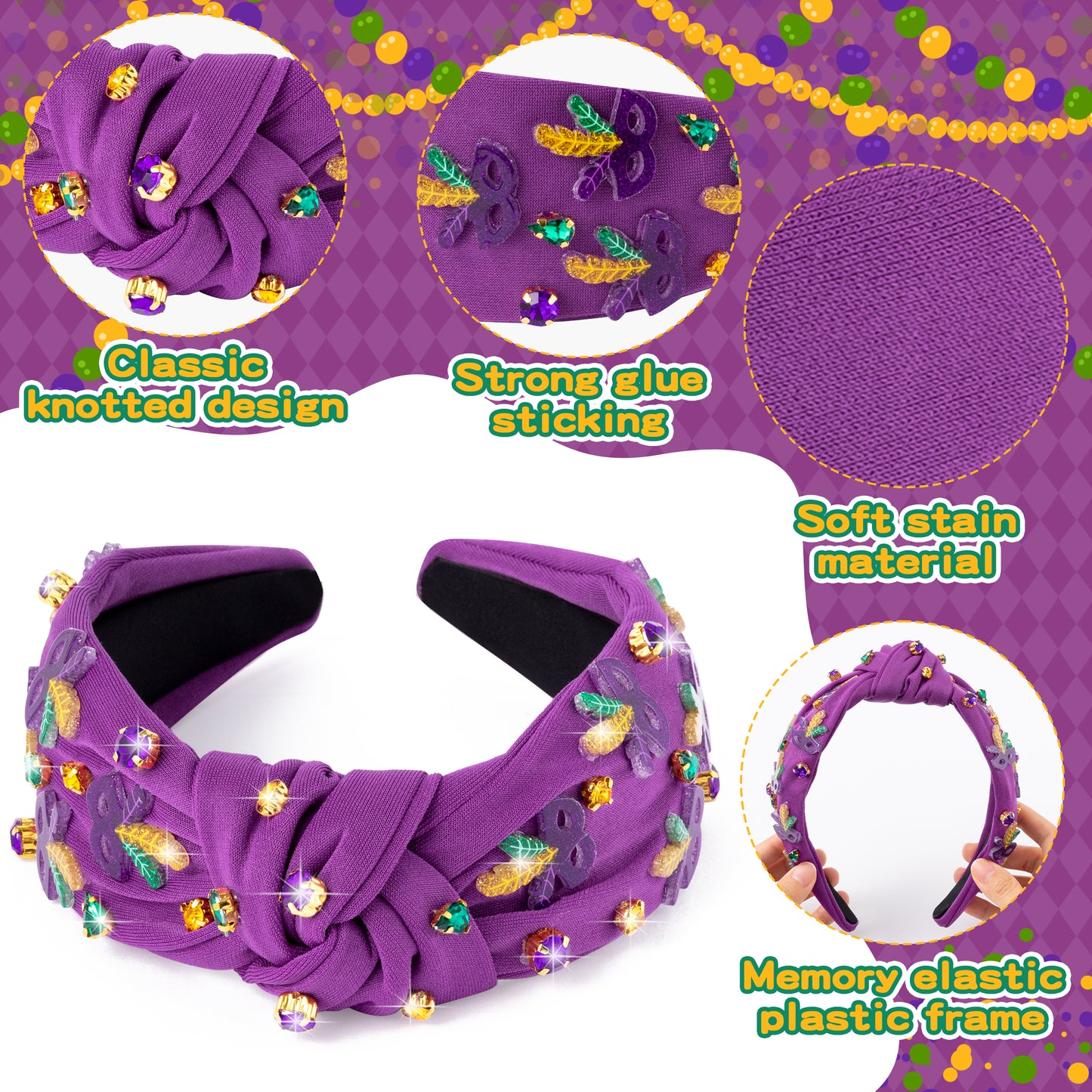 Y1tvei Mardi Gras Headband for Women - Purple Feather Mask Glitter Crystal Rhinestone Jeweled Knotted Hair Accessories Wide Top Carnival Fat Tuesday Headwear Mardi Gras Headpiece Outfit Costume Gifts