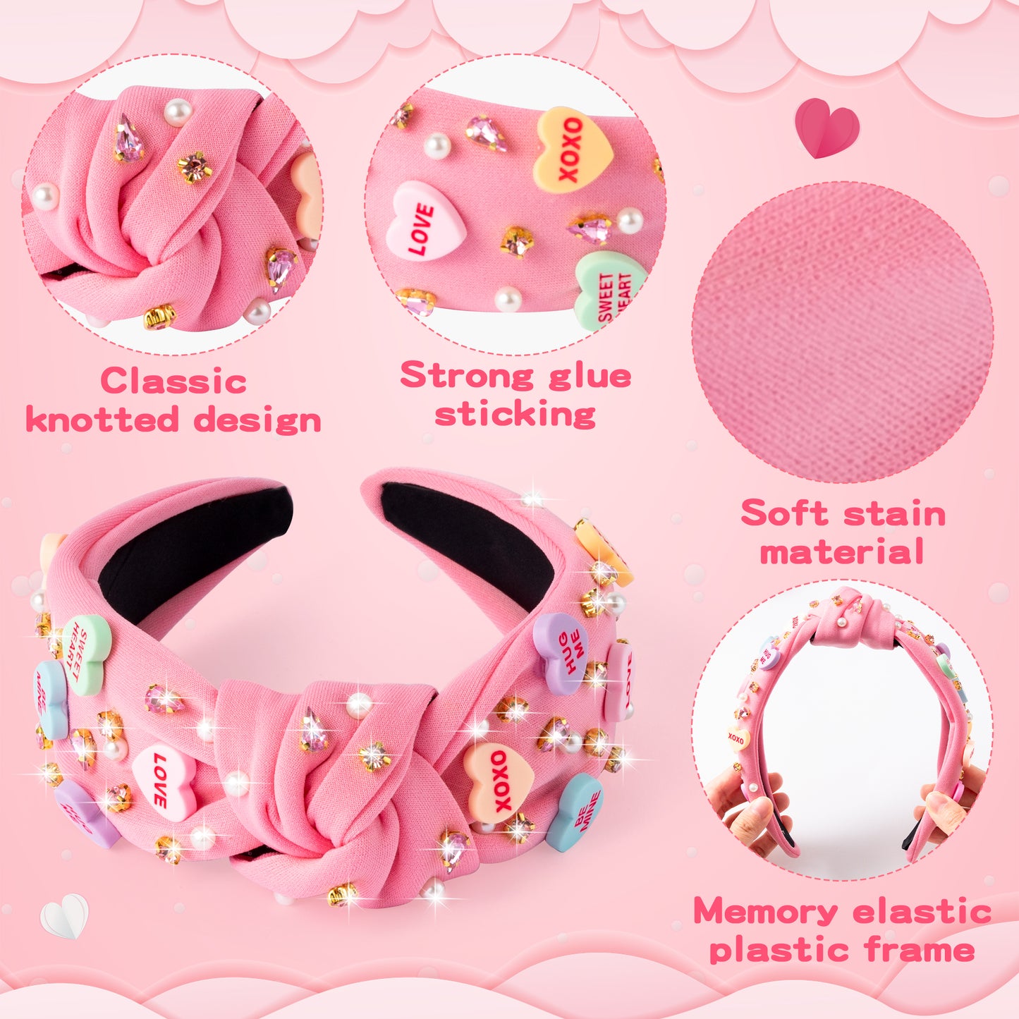 Y1tvei Valentine's Day Knotted Headband - Pink Conversation XOXO Heart Love Crystal Rhinestone Headband Wide Top Knot Fashion Headband Non Slip Trendy Holiday Hair Accessories Gift for Women Lover