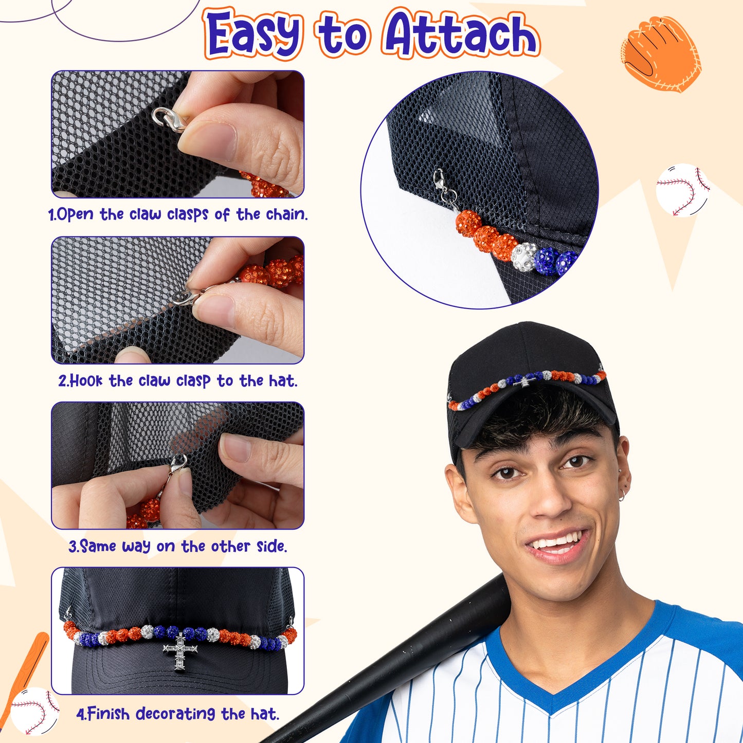 Y1tvei Baseball Trucker Hat Chain - Bling Baseball Clay RhinestoneBead Cross Trucker Hat Chains Bill Decoration, DIY Mesh Baseball Cap Jewelry Accessories Charms Gift for Women Men Baseball Lover
