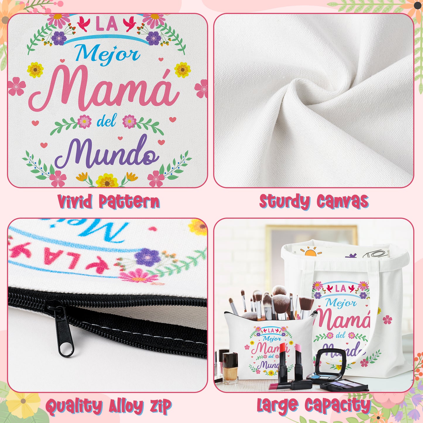 Y1tvei Mama Spanish Tote Bag - 2Pcs La Mejor Mama Del Mundo Canvas Tote Makeup Bag, Foldable Reusable Grocery Shopping Best Mother Ever Tote Bag, Gracias Mama Regalo Mothers Day Gifts for Mom Women