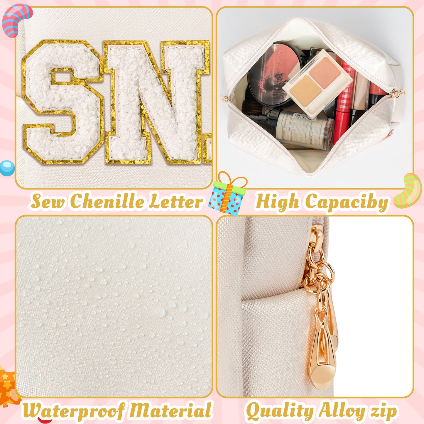 Y1tvei Large SNACKS Cosmetic Bag - Preppy White Snacks Chenille Varsity Letter Makeup Bag PU Leather Waterproof Toiletry Bag Zipper Pouch for Purse Travel Cosmetic Organizer Gift for Women(Shell Gold)