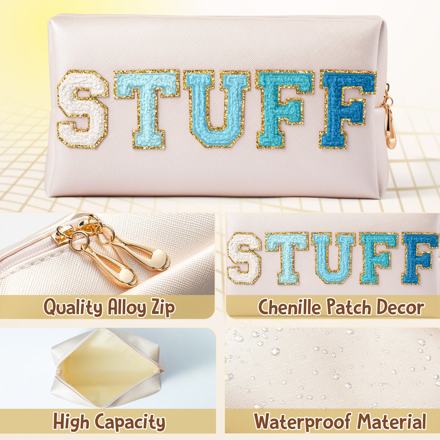 Y1tvei STUFF Makeup Bag Large - Preppy Patch Extra Large Stuff Varsity Letter Makeup Bag Sewn with Blue Letter PU Leather Waterproof Cosmetic Pouch Toiletry Zipper Organizer Gift for Women(Shell Gold)