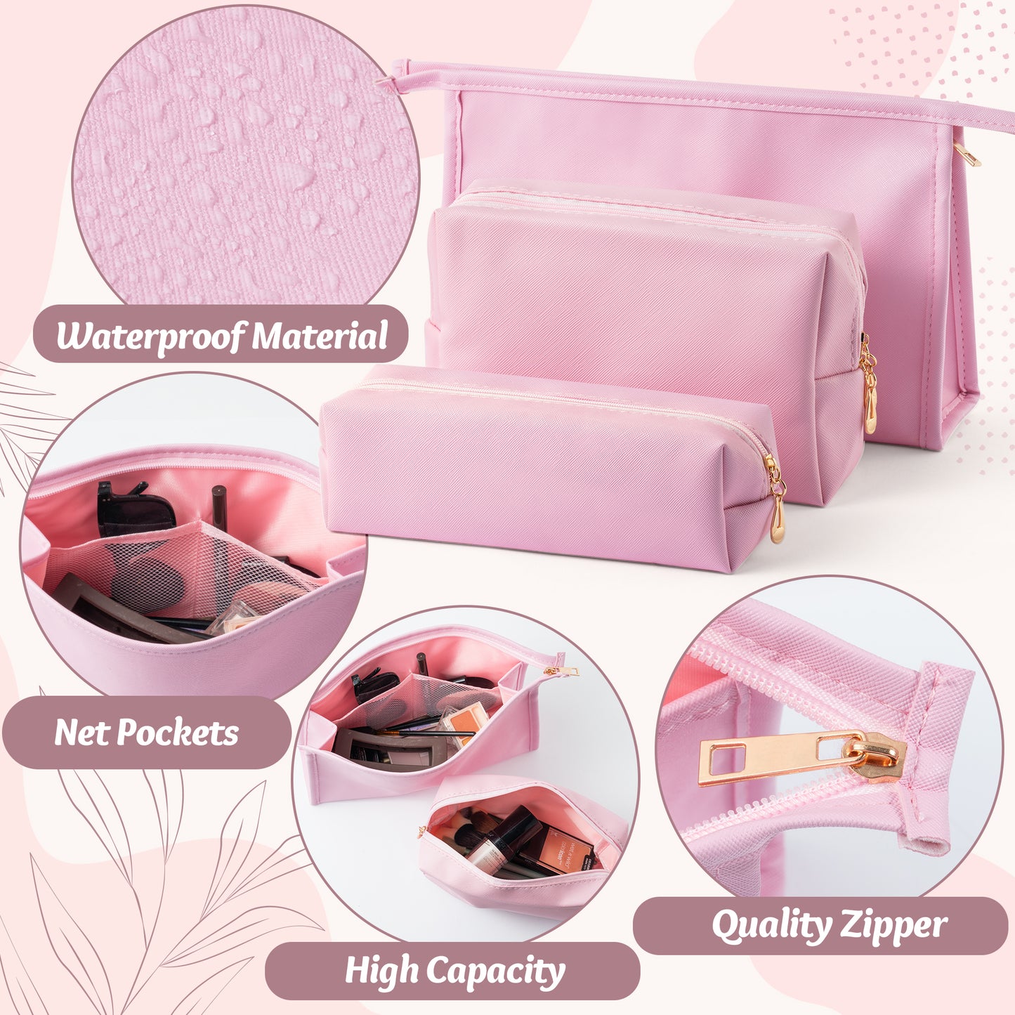 Y1tvei Makeup Bag for Women - 3Pcs Minimalist PU Leather Makeup Bag Set, Large Cosmetic Pouch with Zipper for Purse, Travel Makeup Brush Holder, Waterproof Portable Cosmetic Toiletry Organizer(Pink)