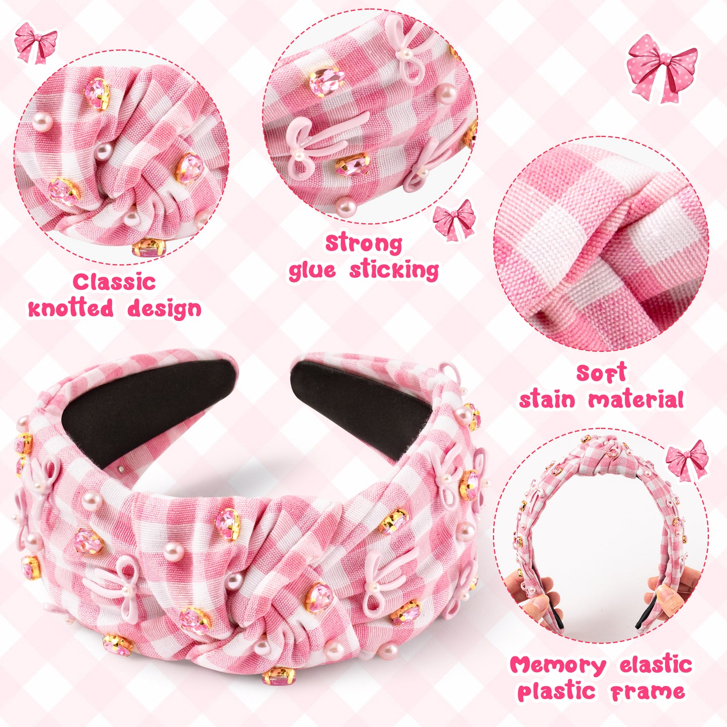 Y1tvei Bow Checked Knotted Headband - Coquette Pink Bow Checked Crystal Rhinestone Pearl Embellished Headband Wide Top Knot Fashion Non Slip Trendy Plaid Headband Hair Accessories Gift for Women Girls