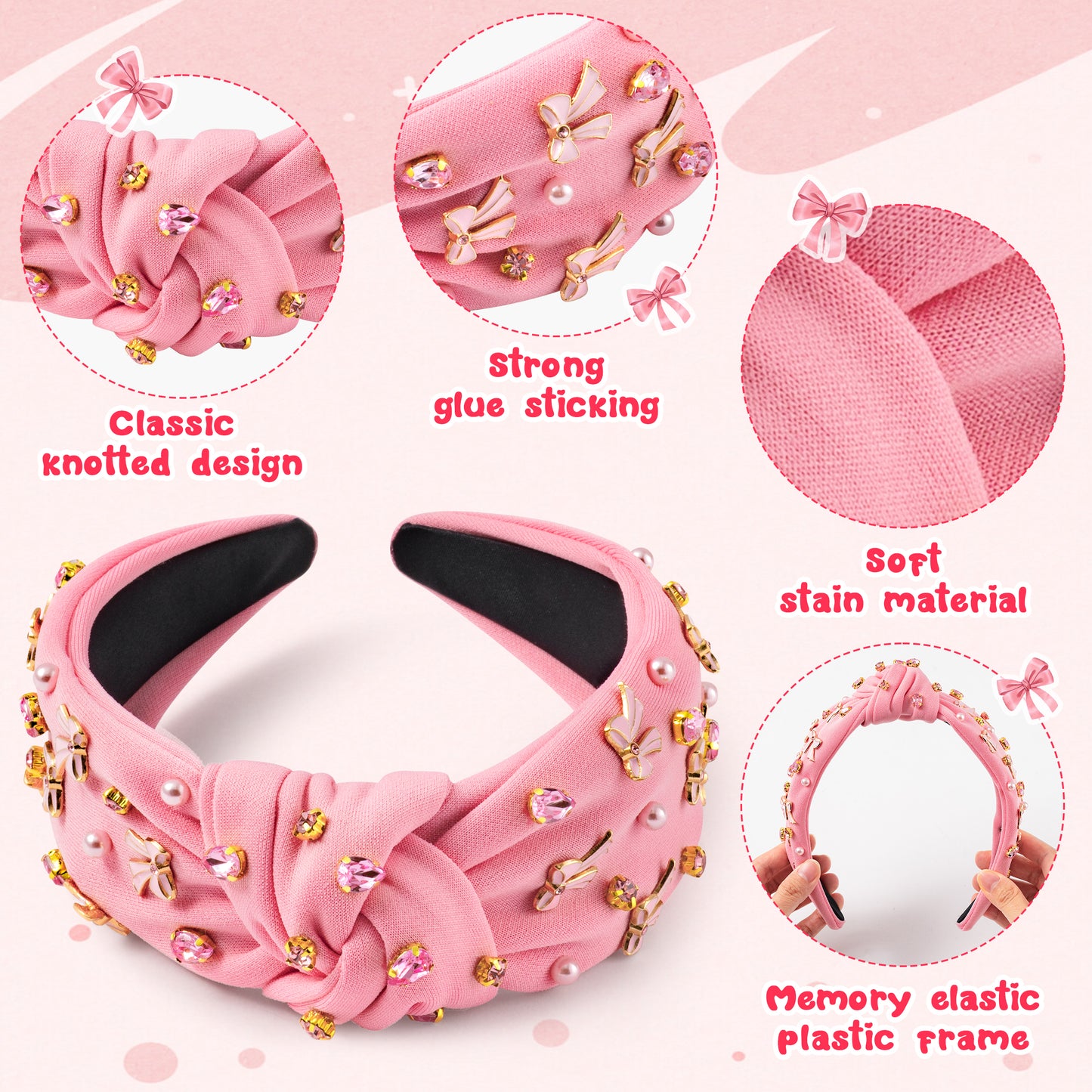 Y1tvei Pink Bow Knotted Headband - Coquette Pink Bow Crystal Rhinestone Pearl Embellished Headband Wide Top Knot Fashion Non Slip Trendy Headband Valentine's Day Hair Accessories Gift for Women Girls