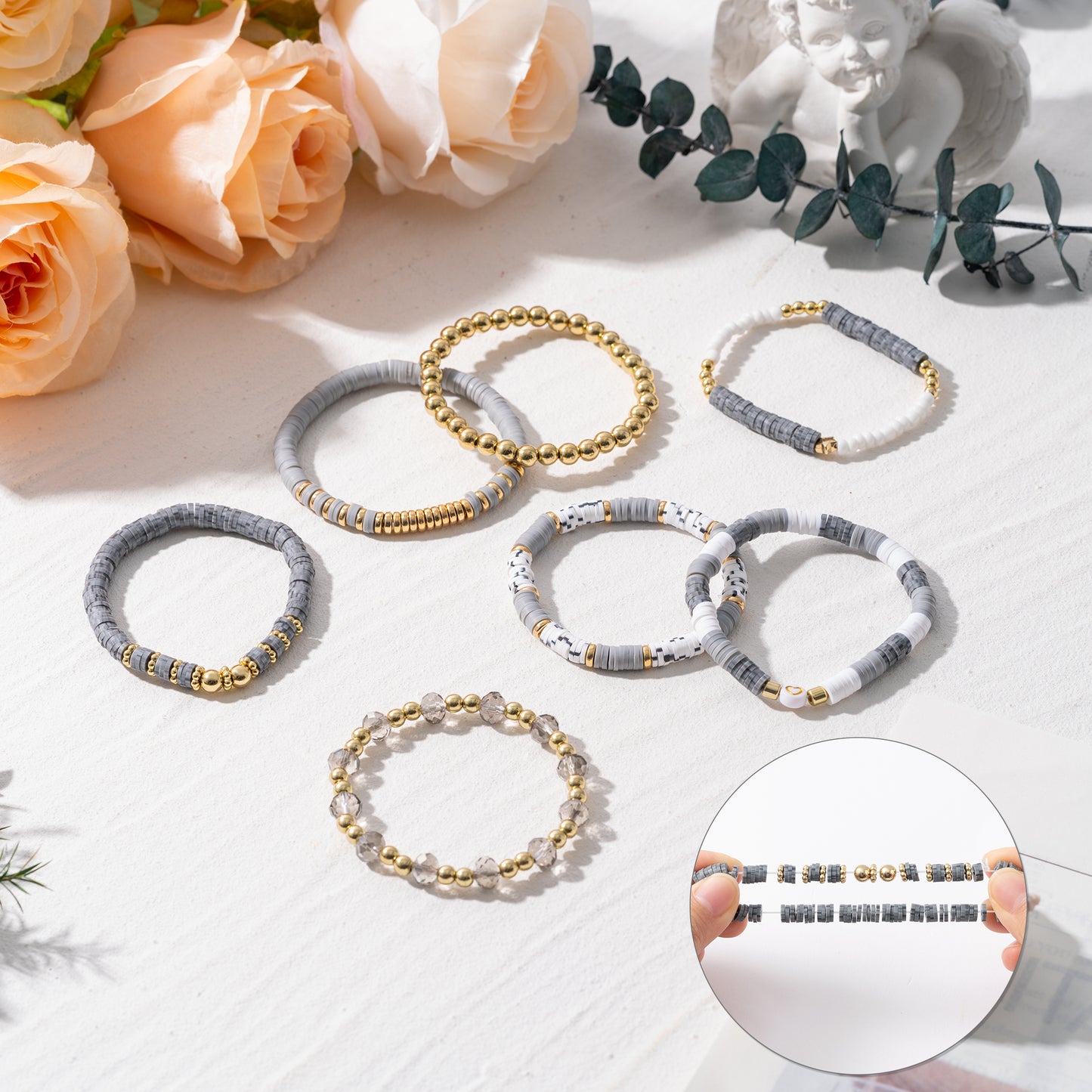 Y1tvei Gray Clay Bead Bracelets - 7Pcs Gray White Clay Bead Surfer Bracelet Set Gold Plated Bead Stackable Stretch Bracelet Layering Summer Beach Jewelry Friendship Bracelet Gift for Women Teen Girls