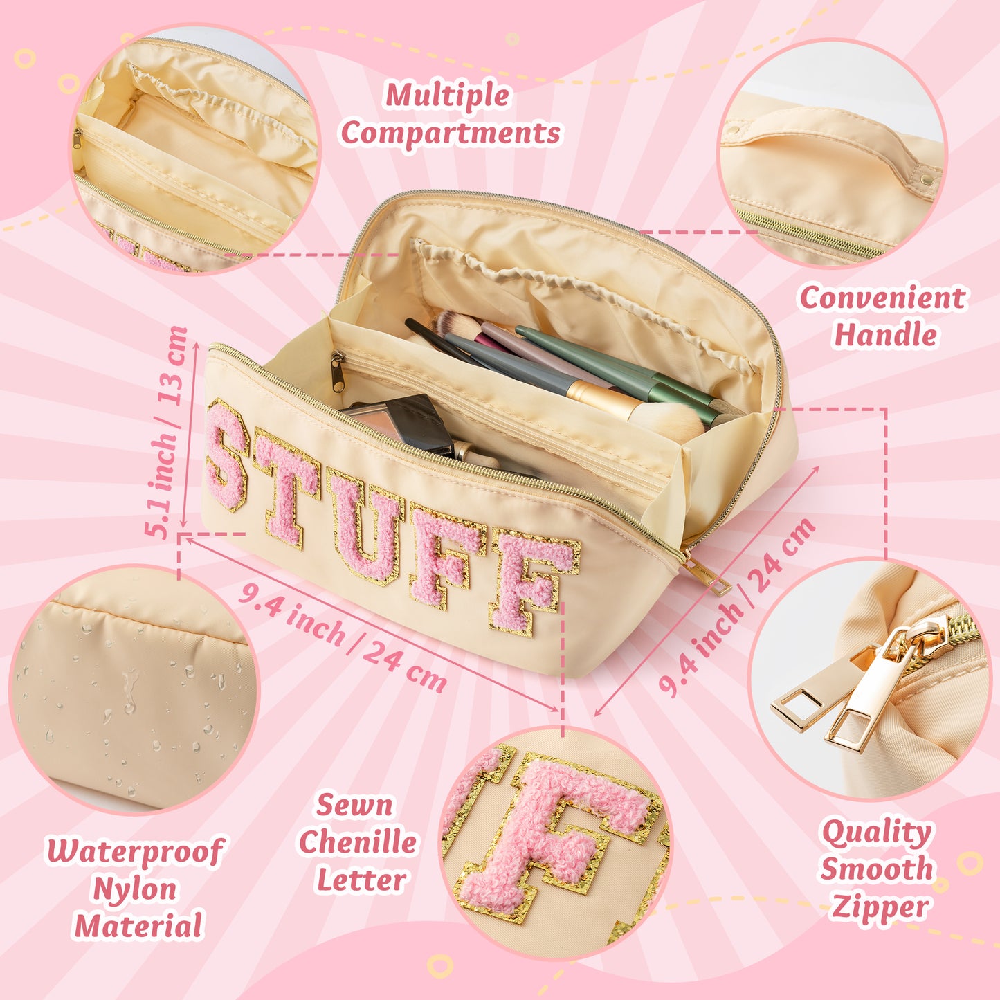Y1tvei Travel Makeup Bag Gift, Large Capacity Cosmetic Bags, Nylon Stony Clover Makeup Bag Preppy Patch Makeup Bag Pink Stuff Chenille Letter Pouch Skin Bath PU Leather Makeup Bag Preppy Pouch, 3Pcs
