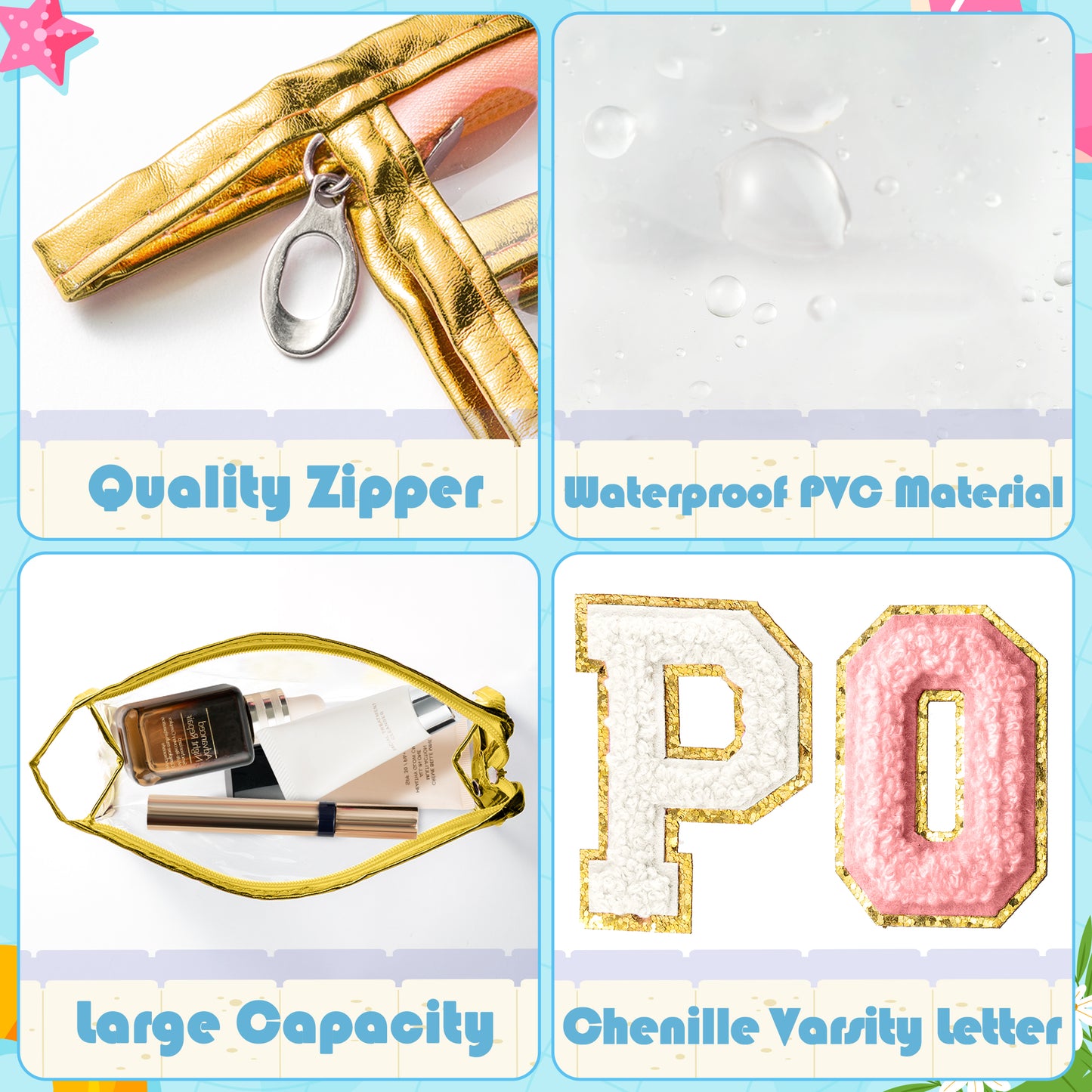 Y1tvei Clear POOL Makeup Bag - Preppy Rose Red POOL Chenille Varsity Letter Sunscreen Cosmetic Pouch PVC Transparent Zipper Waterproof Beach Summer Travel Toiletry Organizer for Swimmer Women(Gold)