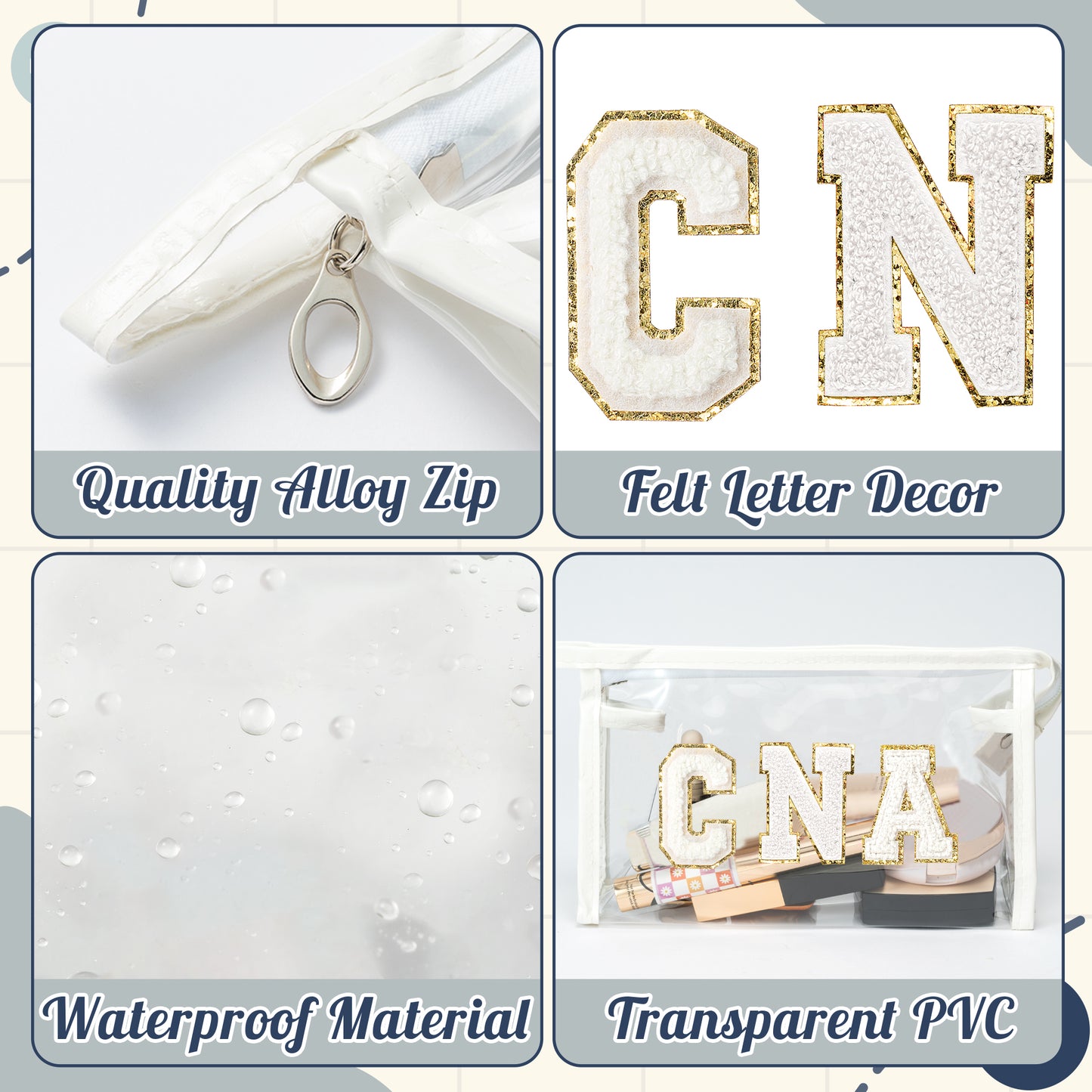 Y1tvei Clear CNA Makeup Bag - Preppy White CNA Chenille Varsity Letter Cosmetic Pouch Certified Nursing Assistant Cosmetic Toiletry Bag CNA Week Appreciation Graduation Gift Bag for Nurse Women(White)