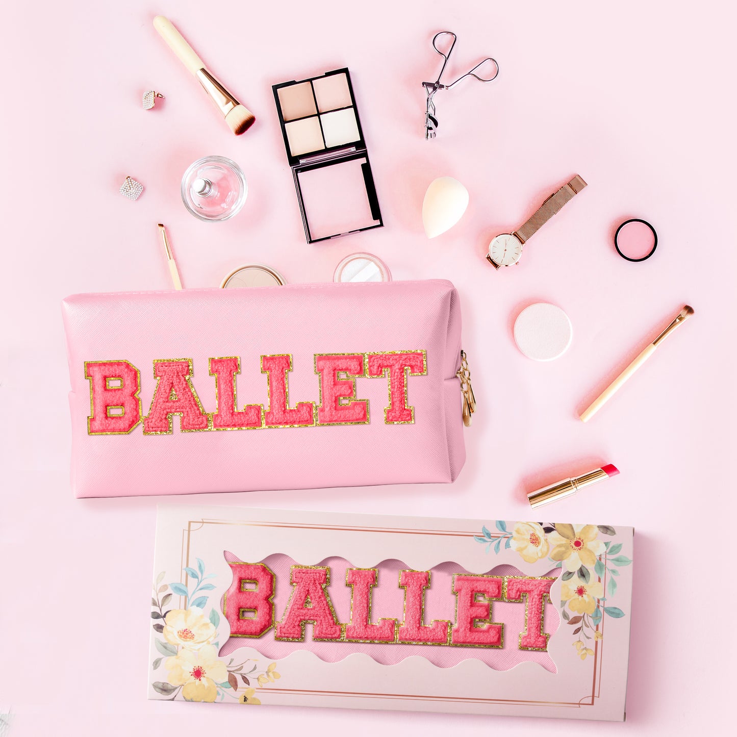 Y1tvei Ballet Cosmetic Bag for Girls - Preppy Patch BALLET Rose Red Chenille Letter Makeup Bag PU Leather Waterproof Portable Ballerina Makeup Pouch Dance Recital Travel Toiletry for Girl Dancer(Pink)